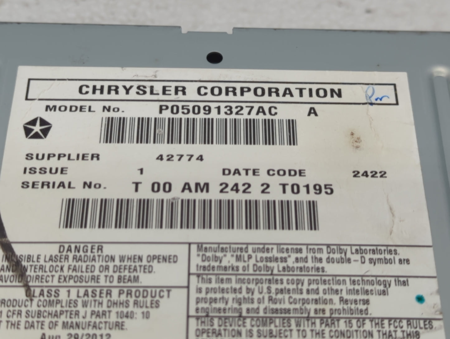 2012-2016 Chrysler Town & Country Radio AM FM Cd Player Receiver Replacement P/N:P05091327AC Fits OEM Used Auto Parts - Oemu