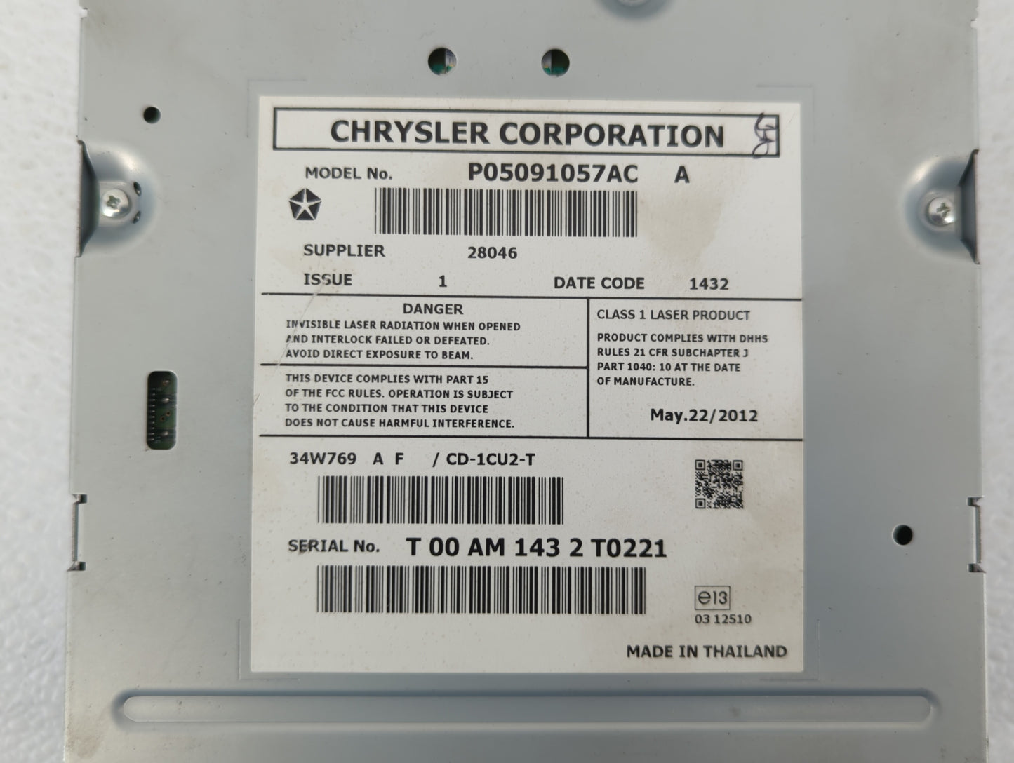 2013-2016 Dodge Dart Radio AM FM Cd Player Receiver Replacement P/N:P05091057AC Fits Fits 2013 2014 2015 2016 OEM Used Auto 