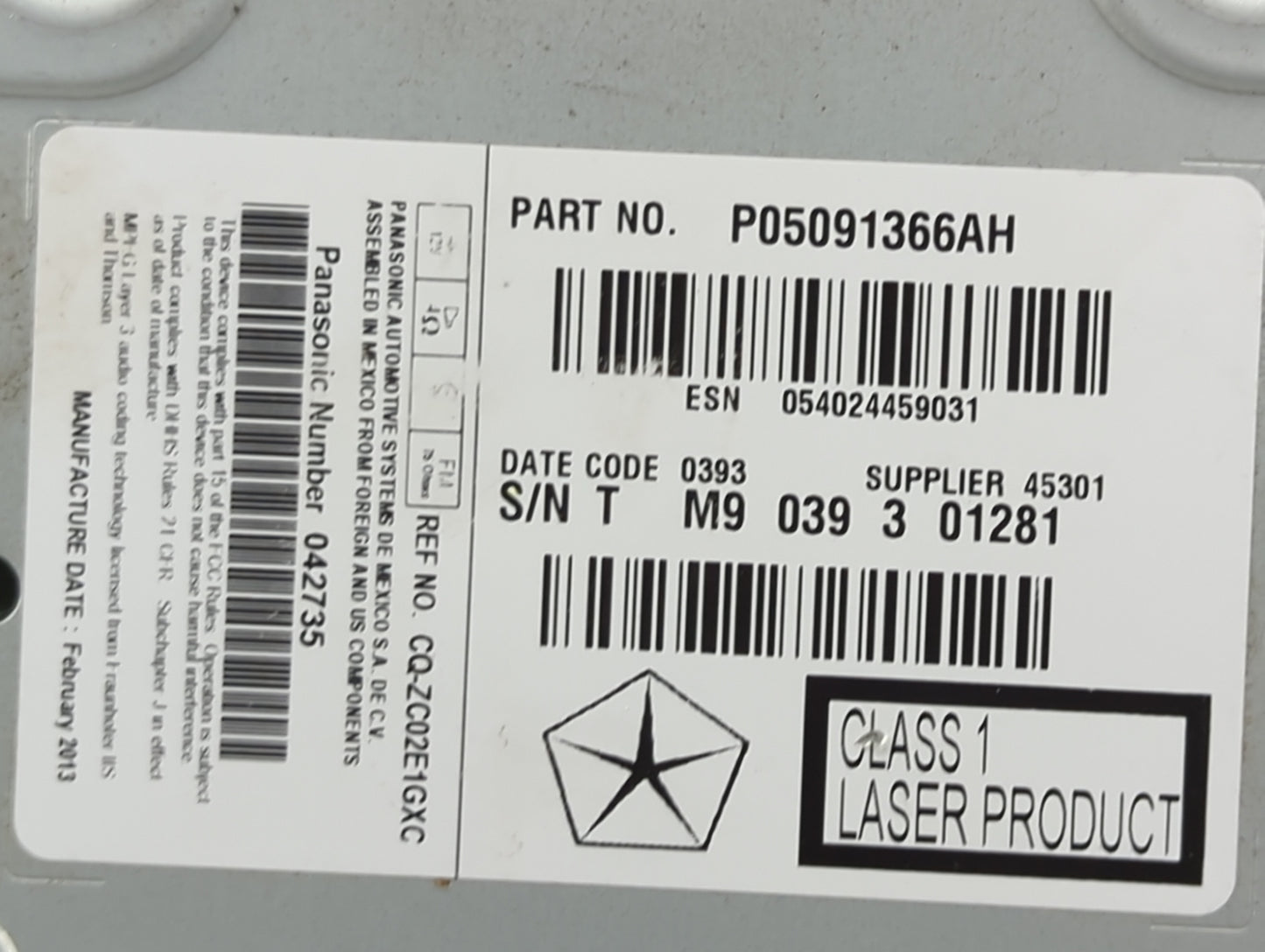 2013 Dodge Journey Radio AM FM Cd Player Receiver Replacement P/N:P05091366AH CQ-ZC02E1GXC, M4G4102036-00 Fits OEM Used Auto