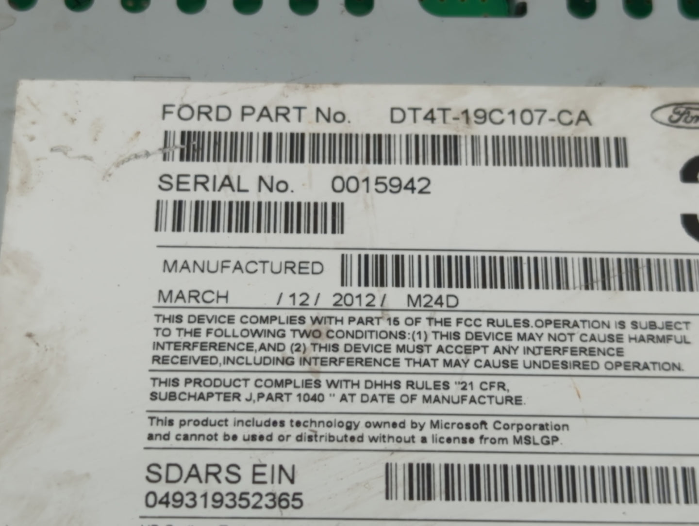 2013 Ford Edge Radio AM FM Cd Player Receiver Replacement P/N:DT4T-19C107-CA Fits OEM Used Auto Parts - Oemusedautoparts1.co