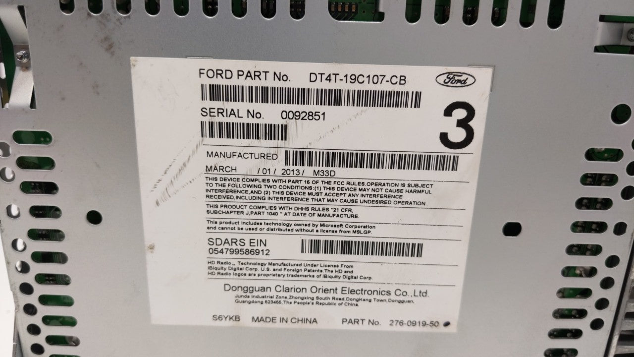 2013 Ford Edge Radio AM FM Cd Player Receiver Replacement P/N:DT4T-19C1070-CB DT4T-19C107-CB Fits OEM Used Auto Parts - Oemu