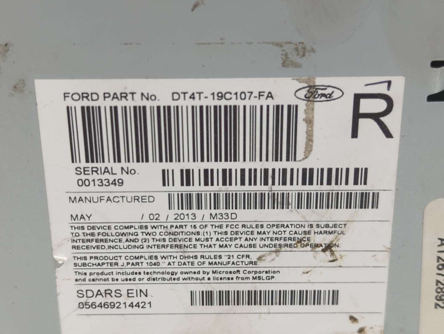 2013 Ford Edge Radio AM FM Cd Player Receiver Replacement P/N:DT4T-19C107-FA Fits OEM Used Auto Parts - Oemusedautoparts1.co