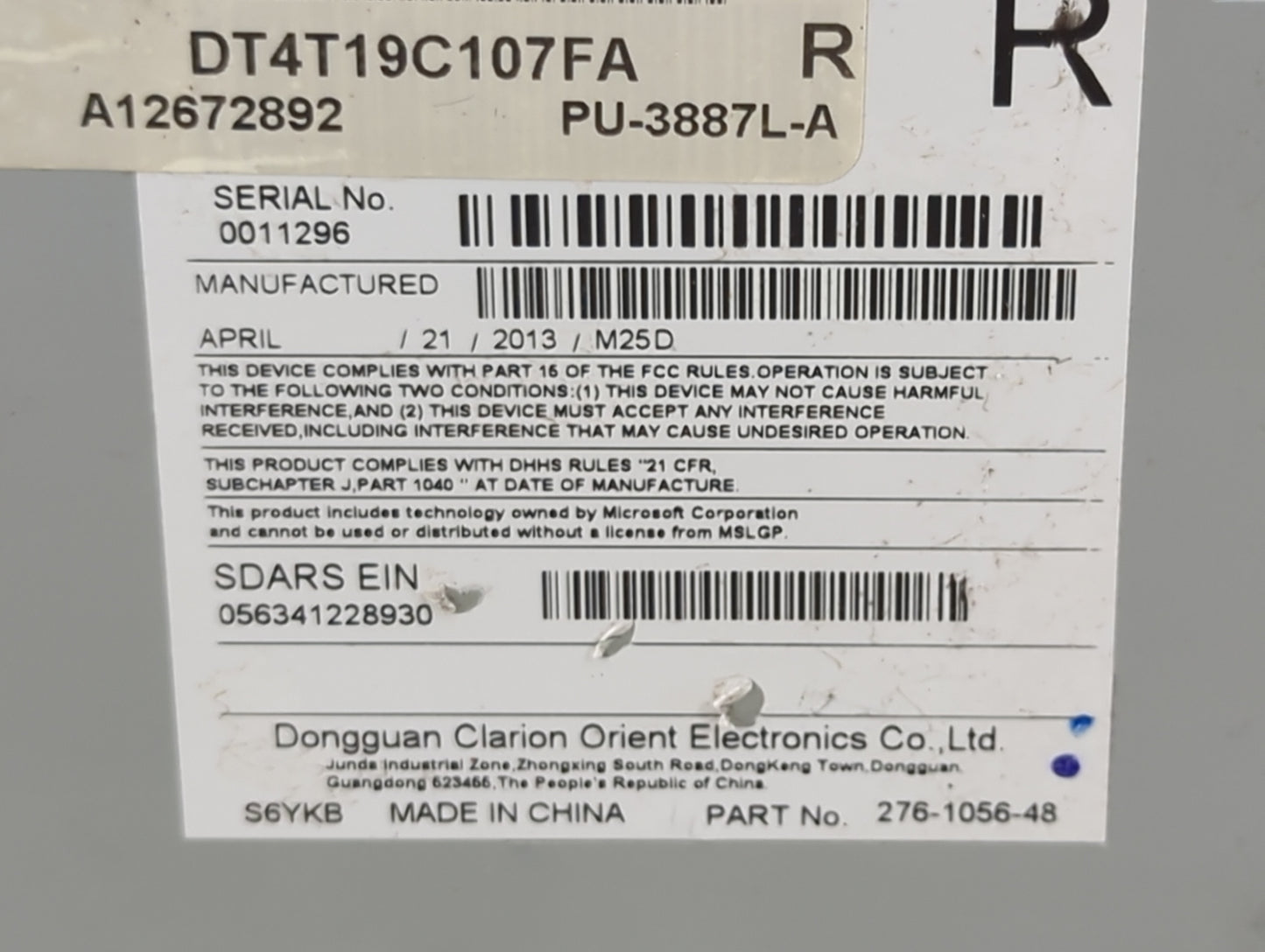 2013 Ford Edge Radio AM FM Cd Player Receiver Replacement P/N:PU-3887L-A DT4T19C107FA, 276-1056-48 Fits OEM Used Auto Parts 