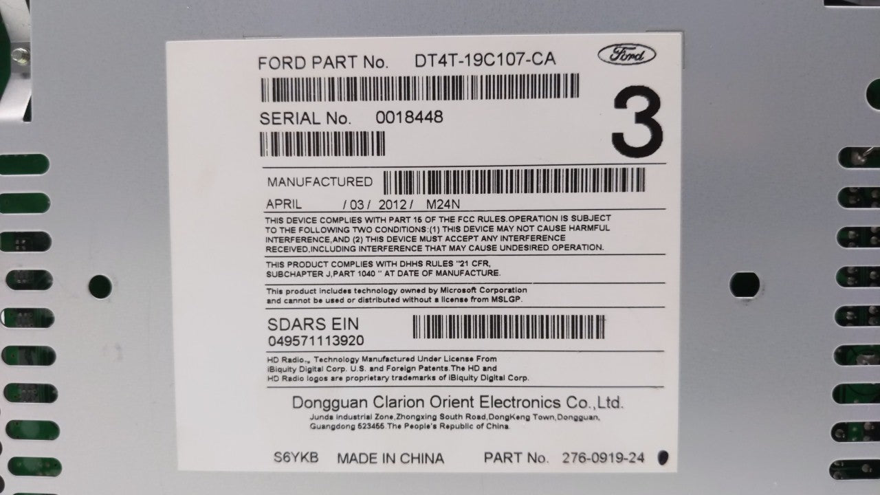 2013 Ford Edge Radio AM FM Cd Player Receiver Replacement P/N:DT4T-19C107-CA DT4T-19C107-CB Fits OEM Used Auto Parts - Oemus