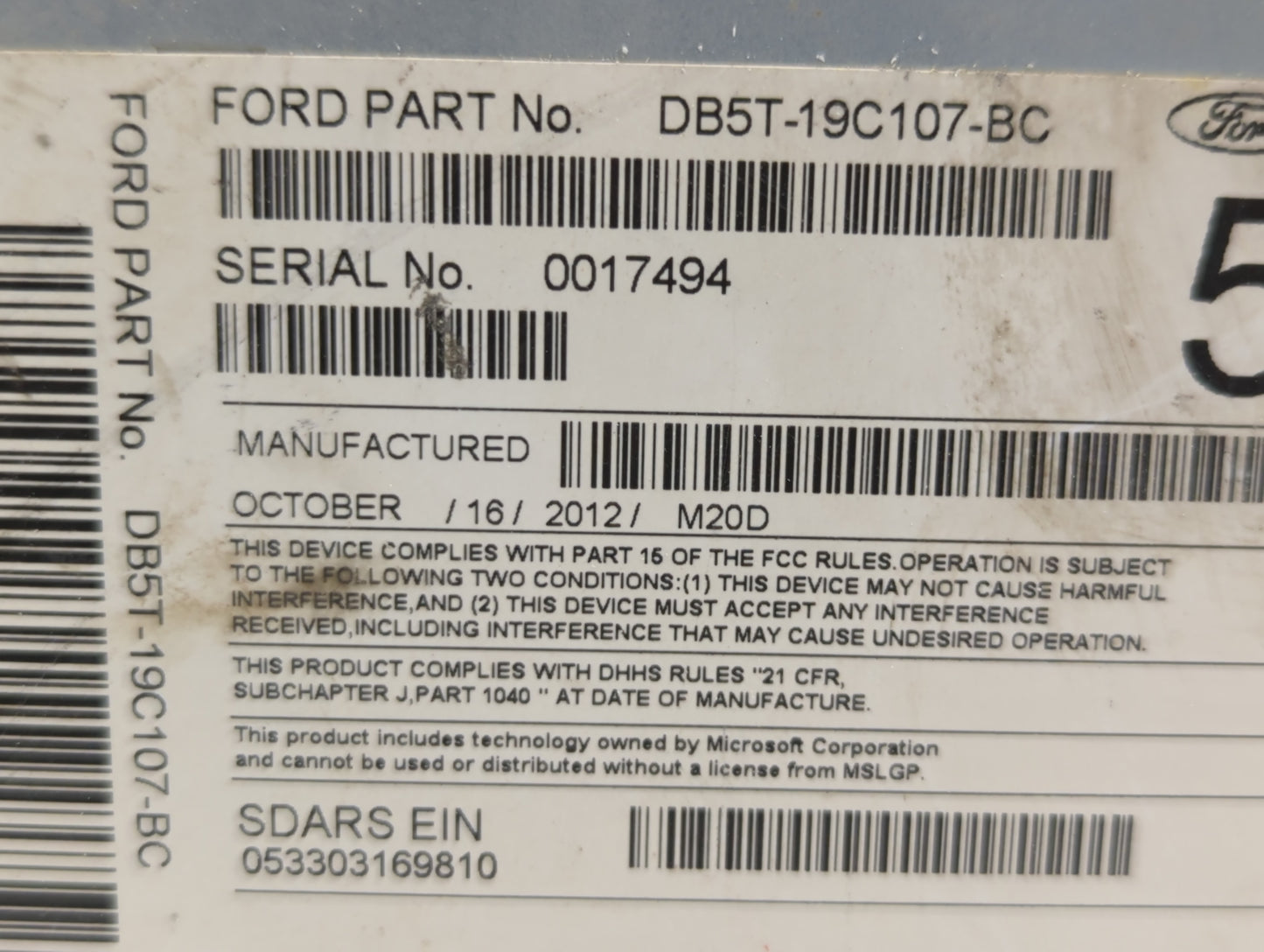 2013 Ford Explorer Radio AM FM Cd Player Receiver Replacement P/N:DB5T-19C107-BC Fits OEM Used Auto Parts - Oemusedautoparts