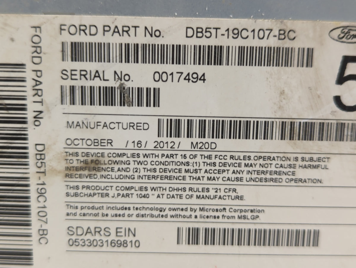 2013 Ford Explorer Radio AM FM Cd Player Receiver Replacement P/N:DB5T-19C107-BC OEM Used Auto Parts - Oemusedautoparts1.com