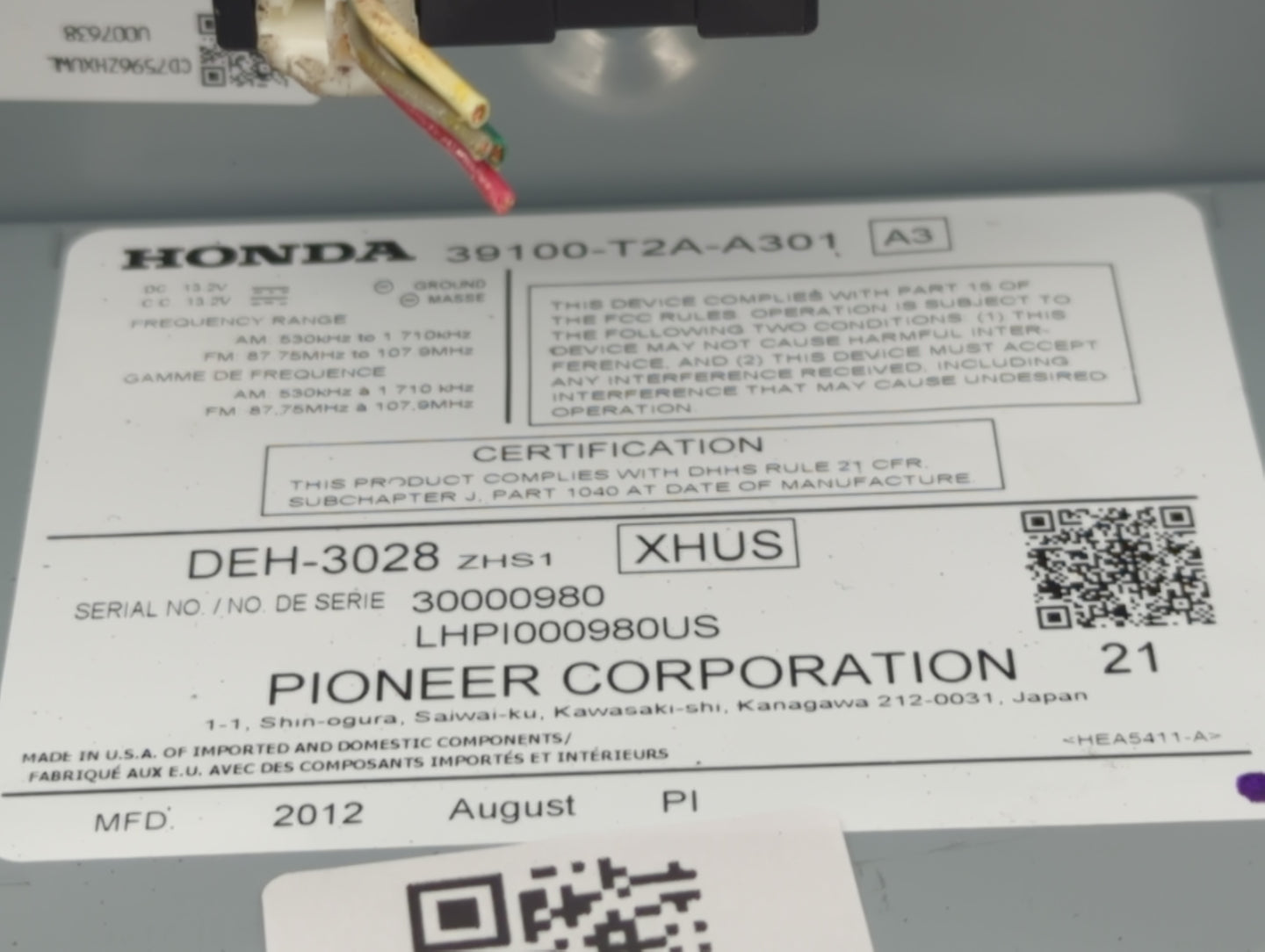 2013-2015 Honda Accord Radio AM FM Cd Player Receiver Replacement P/N:39100-T2A-A301 Fits Fits 2013 2014 2015 OEM Used Auto 