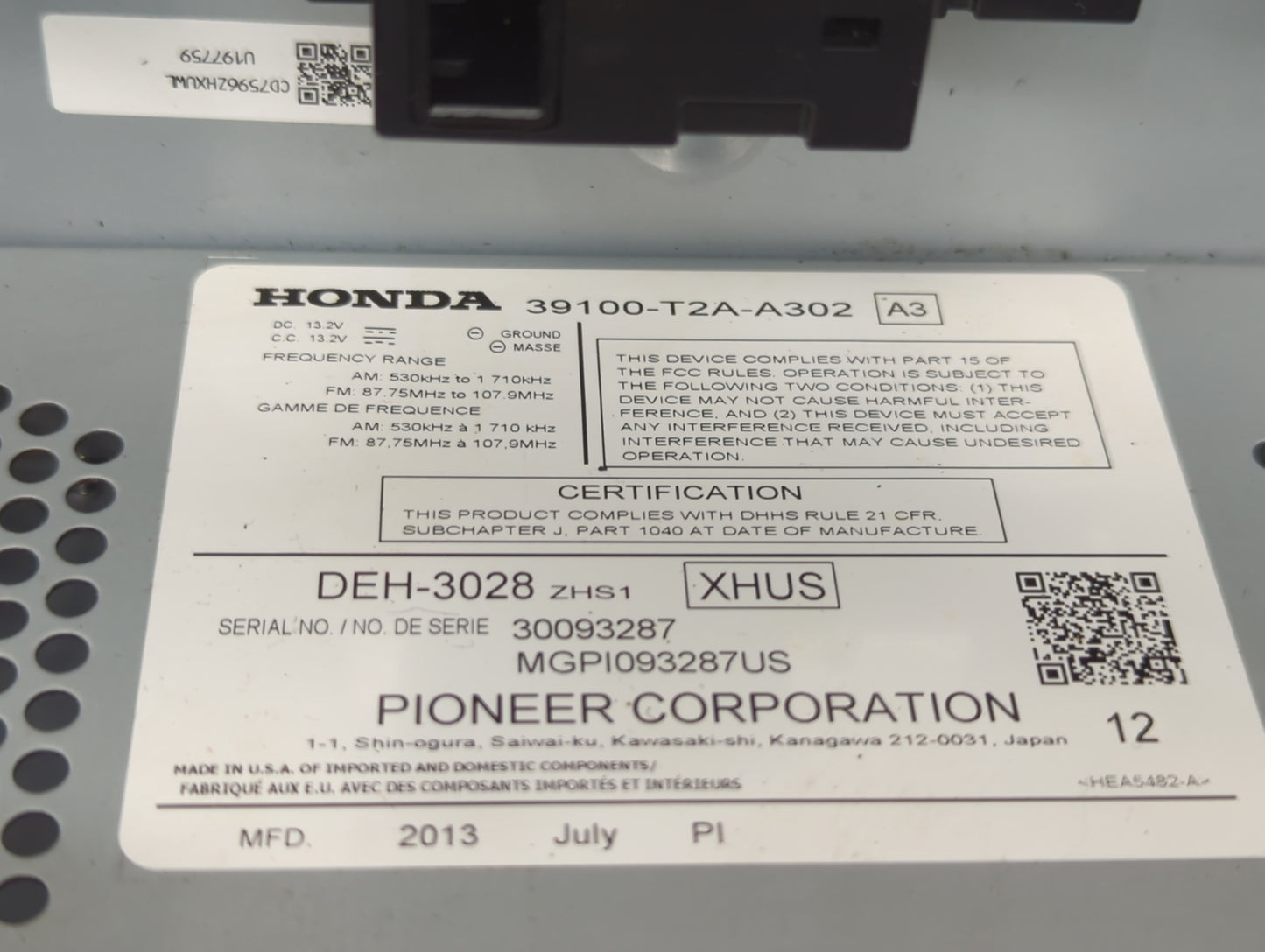 2013-2015 Honda Accord Radio AM FM Cd Player Receiver Replacement P/N:39100-T2A-A302 DEH-3028 Fits Fits 2013 2014 2015 OEM U
