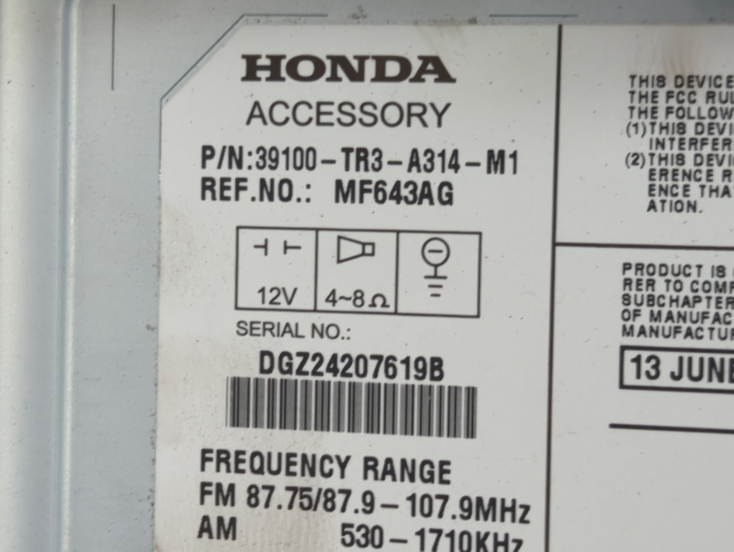 2013-2015 Honda Civic Radio AM FM Cd Player Receiver Replacement P/N:39100-TR3-A314-M1 MF643AG Fits Fits 2013 2014 2015 OEM 