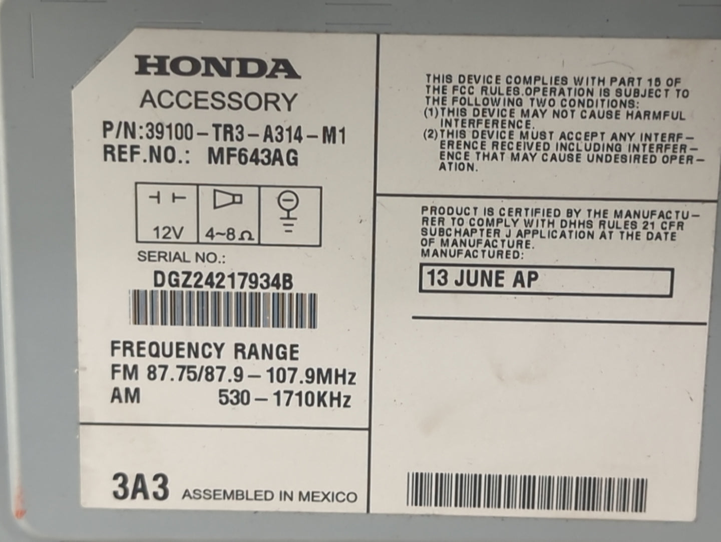 2013-2015 Honda Civic Radio AM FM Cd Player Receiver Replacement P/N:39100-TR3-A314-M1 MF643AG Fits Fits 2013 2014 2015 OEM 