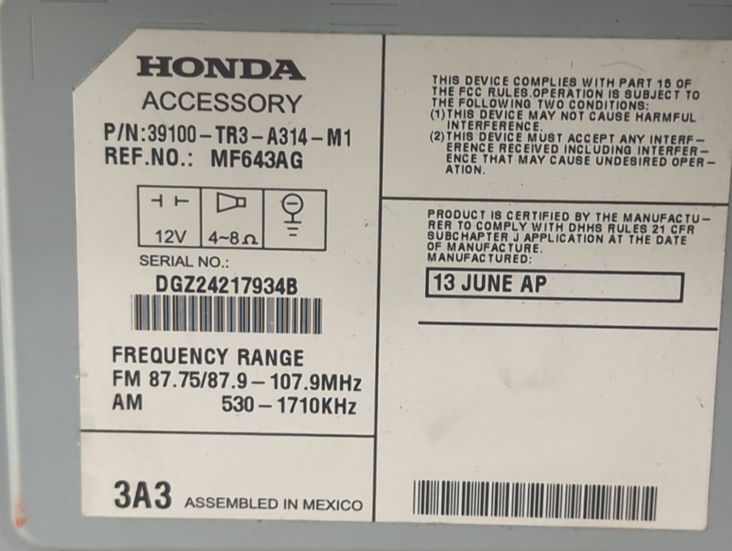 2013-2015 Honda Civic Radio AM FM Cd Player Receiver Replacement P/N:39100-TR3-A314-M1 MF643AG Fits Fits 2013 2014 2015 OEM 