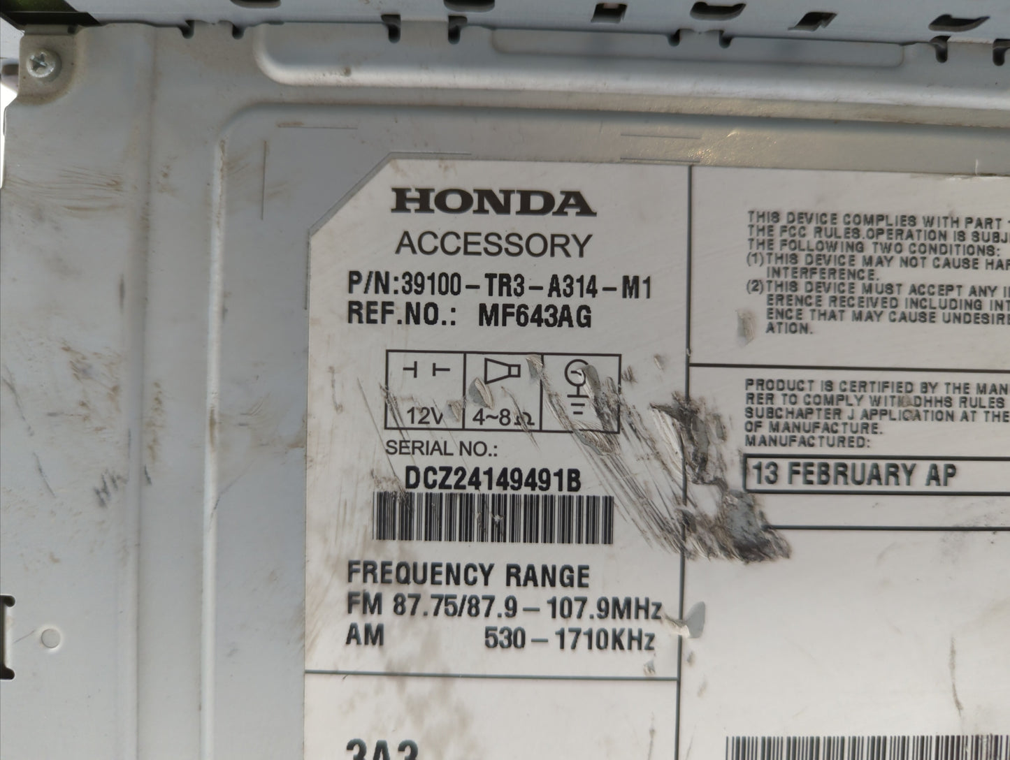 2013-2015 Honda Civic Am Fm Cd Player Radio Receiver - Oemusedautoparts1.com