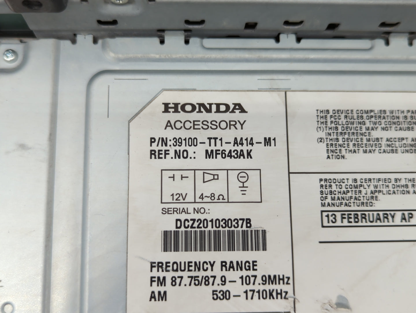2013 Honda Civic Radio AM FM Cd Player Receiver Replacement P/N:39100-TT1-A414-M1 Fits OEM Used Auto Parts - Oemusedautopart