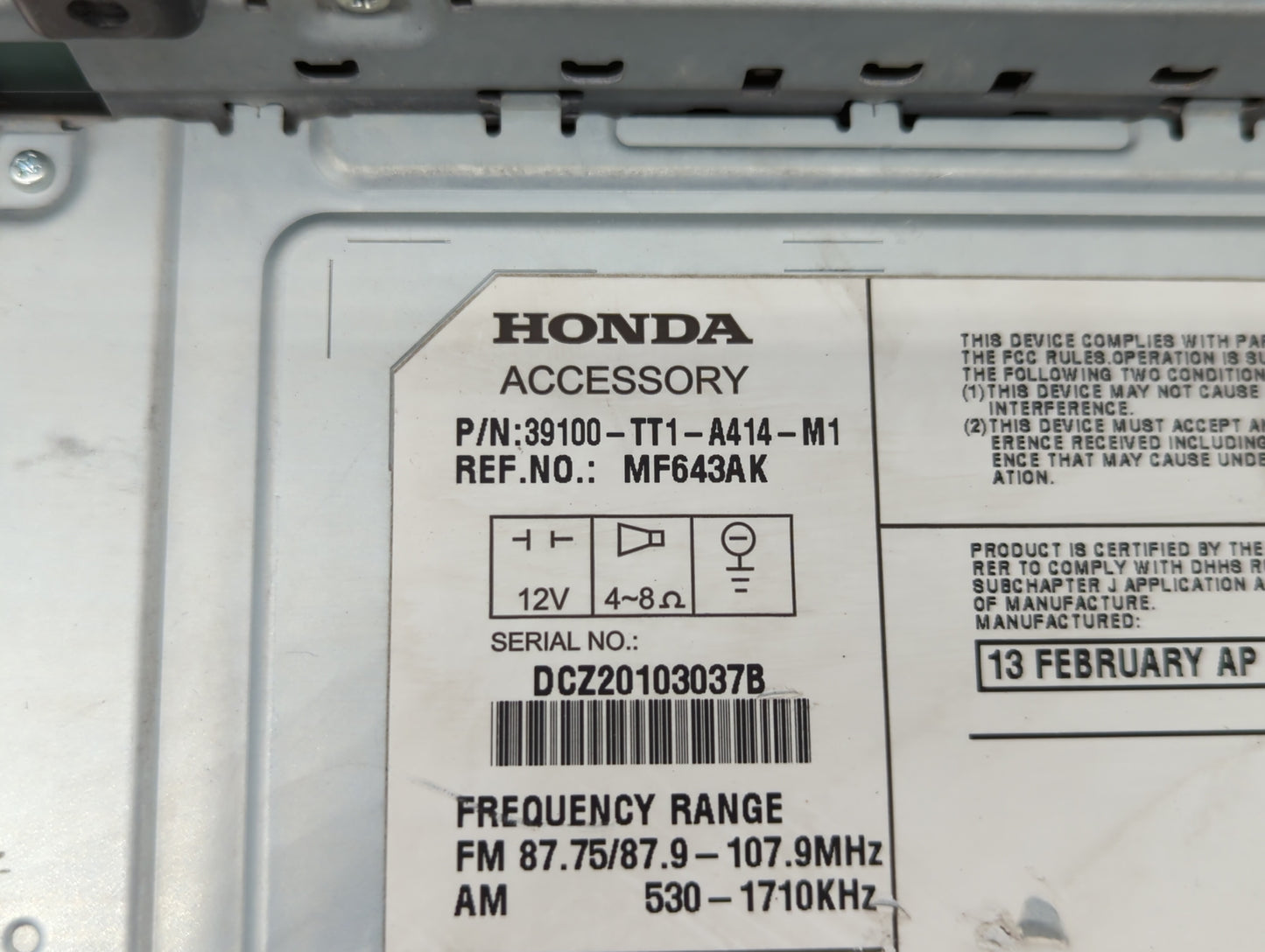 2013 Honda Civic Radio AM FM Cd Player Receiver Replacement P/N:39100-TT1-A414-M1 Fits OEM Used Auto Parts - Oemusedautopart