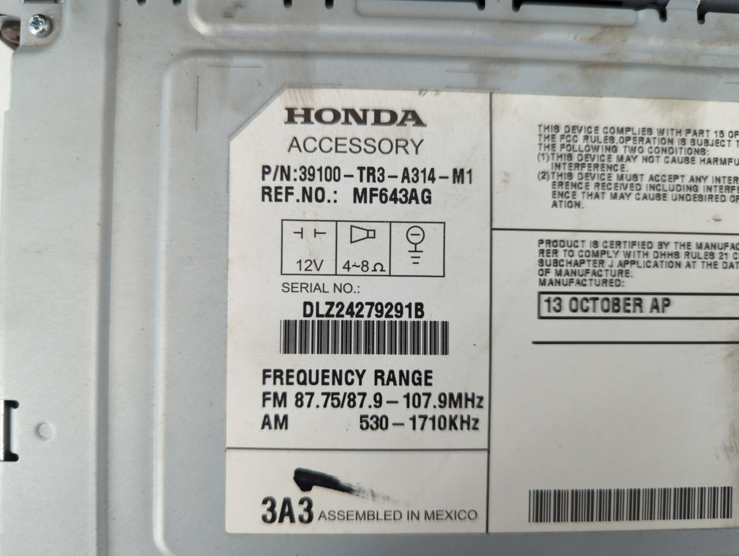 2013-2015 Honda Civic Radio AM FM Cd Player Receiver Replacement P/N:39100-TR3-A314-M1 Fits Fits 2013 2014 2015 OEM Used Aut