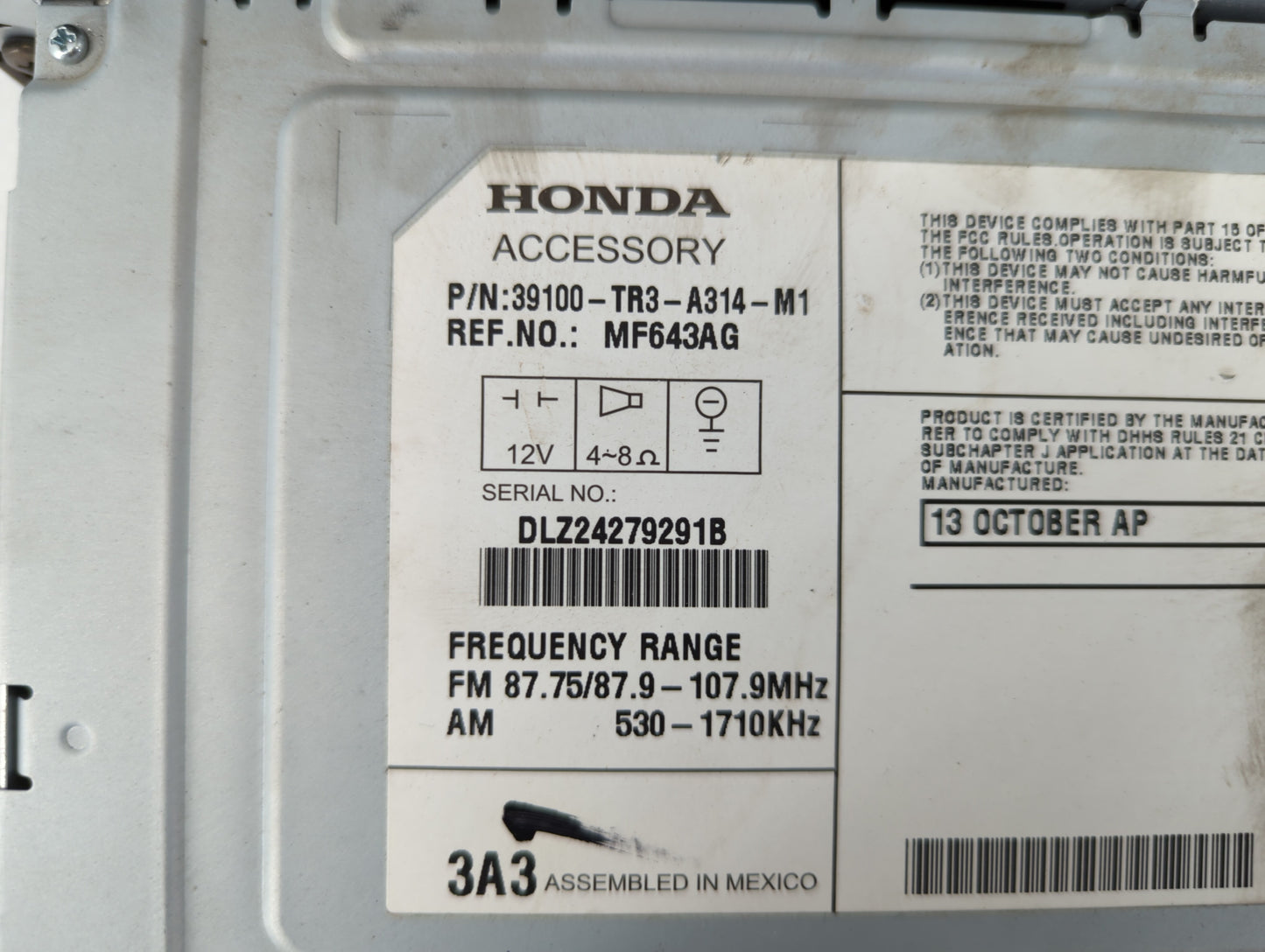 2013-2015 Honda Civic Radio AM FM Cd Player Receiver Replacement P/N:39100-TR3-A314-M1 Fits Fits 2013 2014 2015 OEM Used Aut