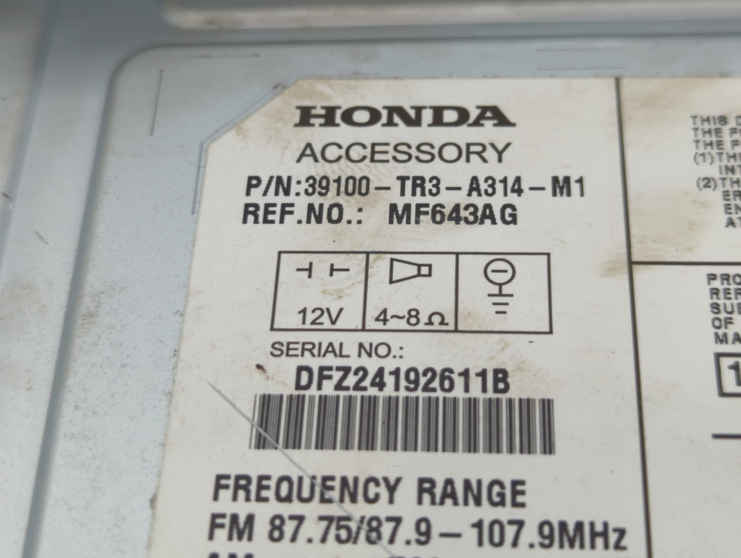 2013-2015 Honda Civic Radio AM FM Cd Player Receiver Replacement P/N:39100-TR3-A314-M1 Fits Fits 2013 2014 2015 OEM Used Aut