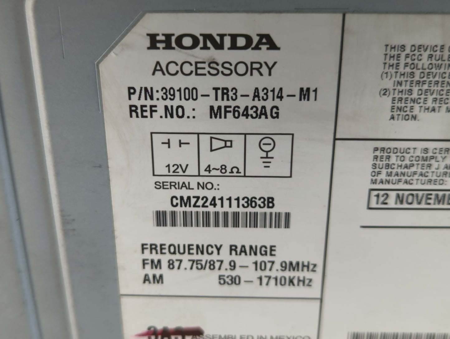 2013-2015 Honda Civic Am Fm Cd Player Radio Receiver - Oemusedautoparts1.com