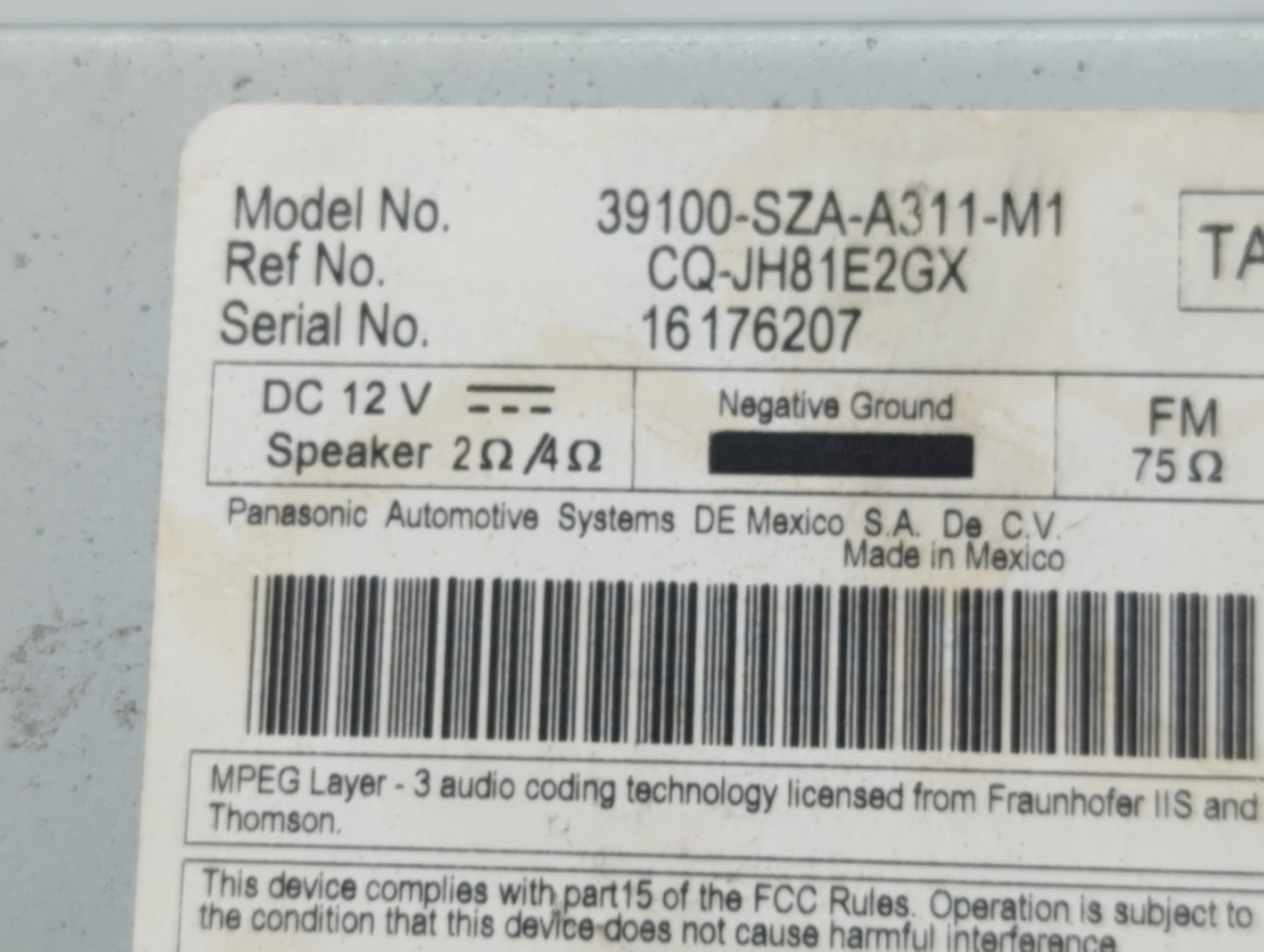 2012-2015 Honda Pilot Radio AM FM Cd Player Receiver Replacement P/N:39100-SZA-A311-M1 Fits Fits 2012 2013 2014 2015 OEM Use