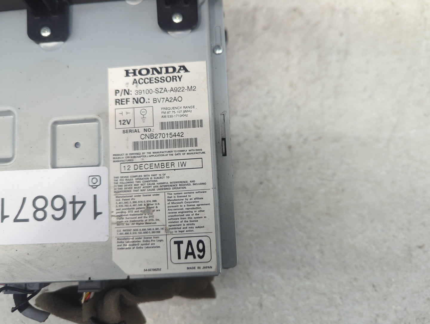 2013-2015 Honda Pilot Radio AM FM Cd Player Receiver Replacement P/N:39100-SZA-A922-M2 BV7A2AO Fits Fits 2013 2014 2015 OEM 