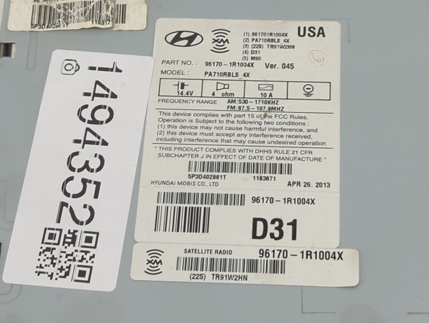 2013 Hyundai Accent Radio AM FM Cd Player Receiver Replacement P/N:96170-1R1004X PA710RBLS 4X Fits OEM Used Auto Parts - Oem