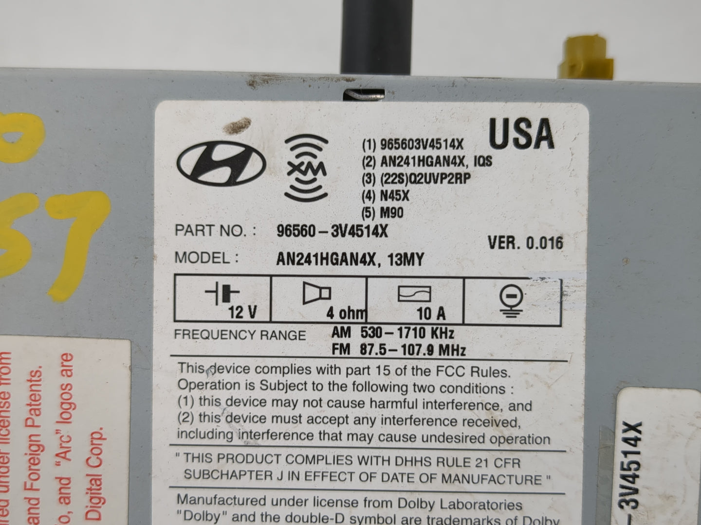 2012-2013 Hyundai Azera Radio AM FM Cd Player Receiver Replacement P/N:96560-3V4514X Fits Fits 2012 2013 OEM Used Auto Parts