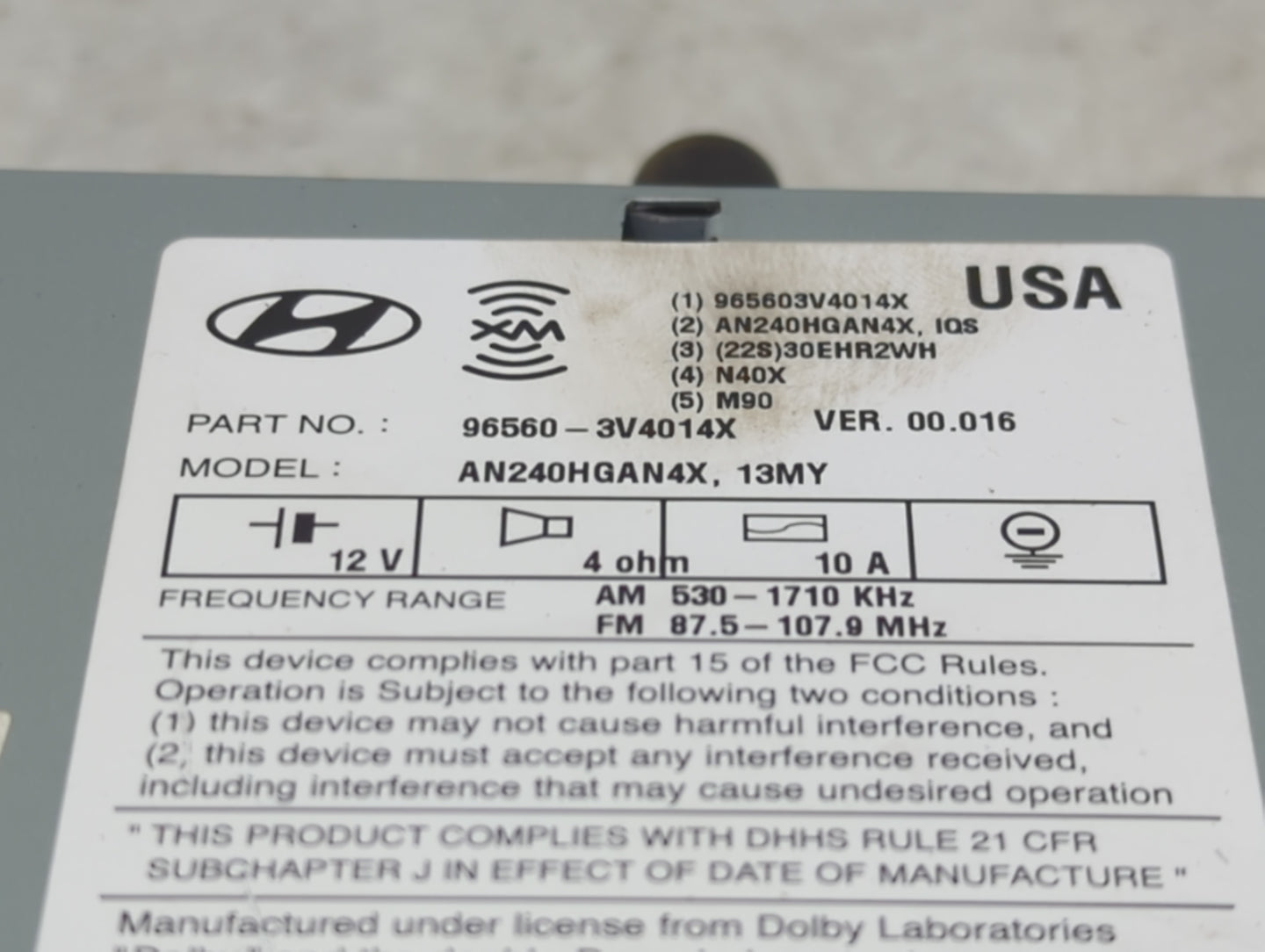 2012-2013 Hyundai Azera Radio AM FM Cd Player Receiver Replacement P/N:96560-3V4014X Fits Fits 2012 2013 OEM Used Auto Parts
