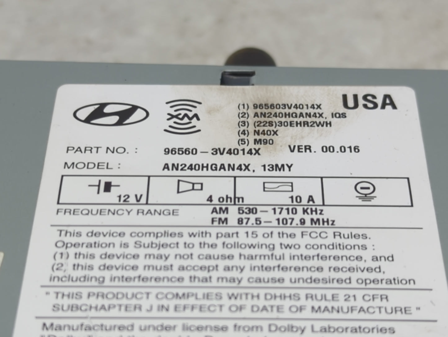2012-2013 Hyundai Azera Radio AM FM Cd Player Receiver Replacement P/N:96560-3V4014X Fits Fits 2012 2013 OEM Used Auto Parts