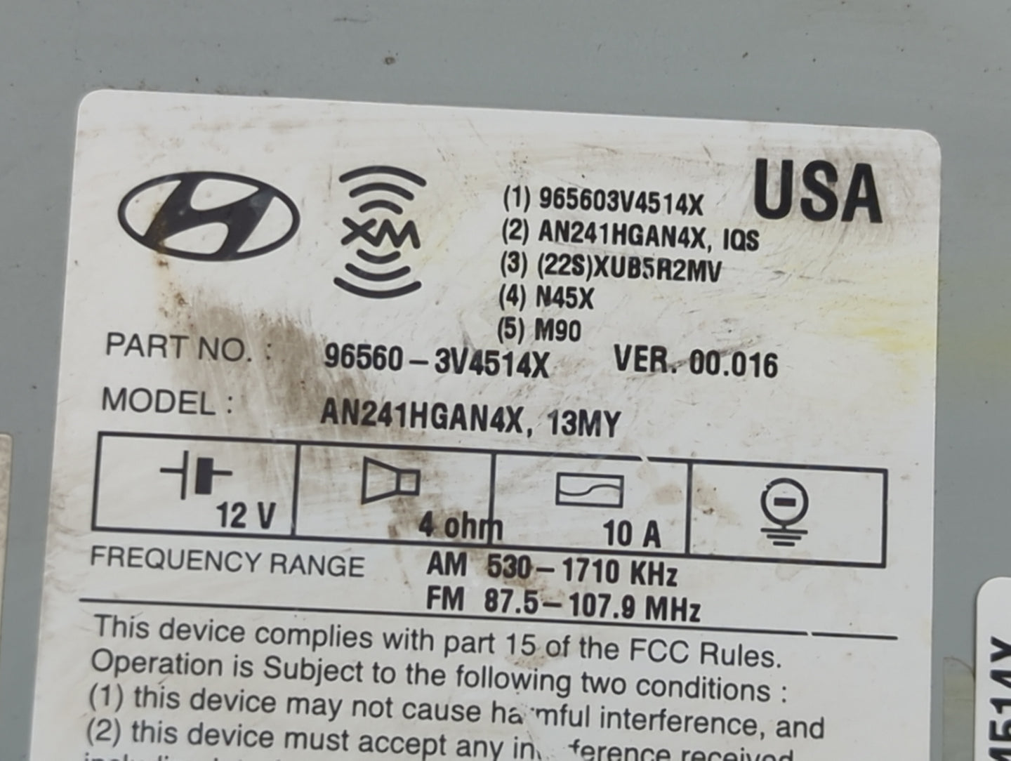 2012-2013 Hyundai Azera Radio AM FM Cd Player Receiver Replacement P/N:965603V4514X AN241HGAN4X Fits Fits 2012 2013 OEM Used