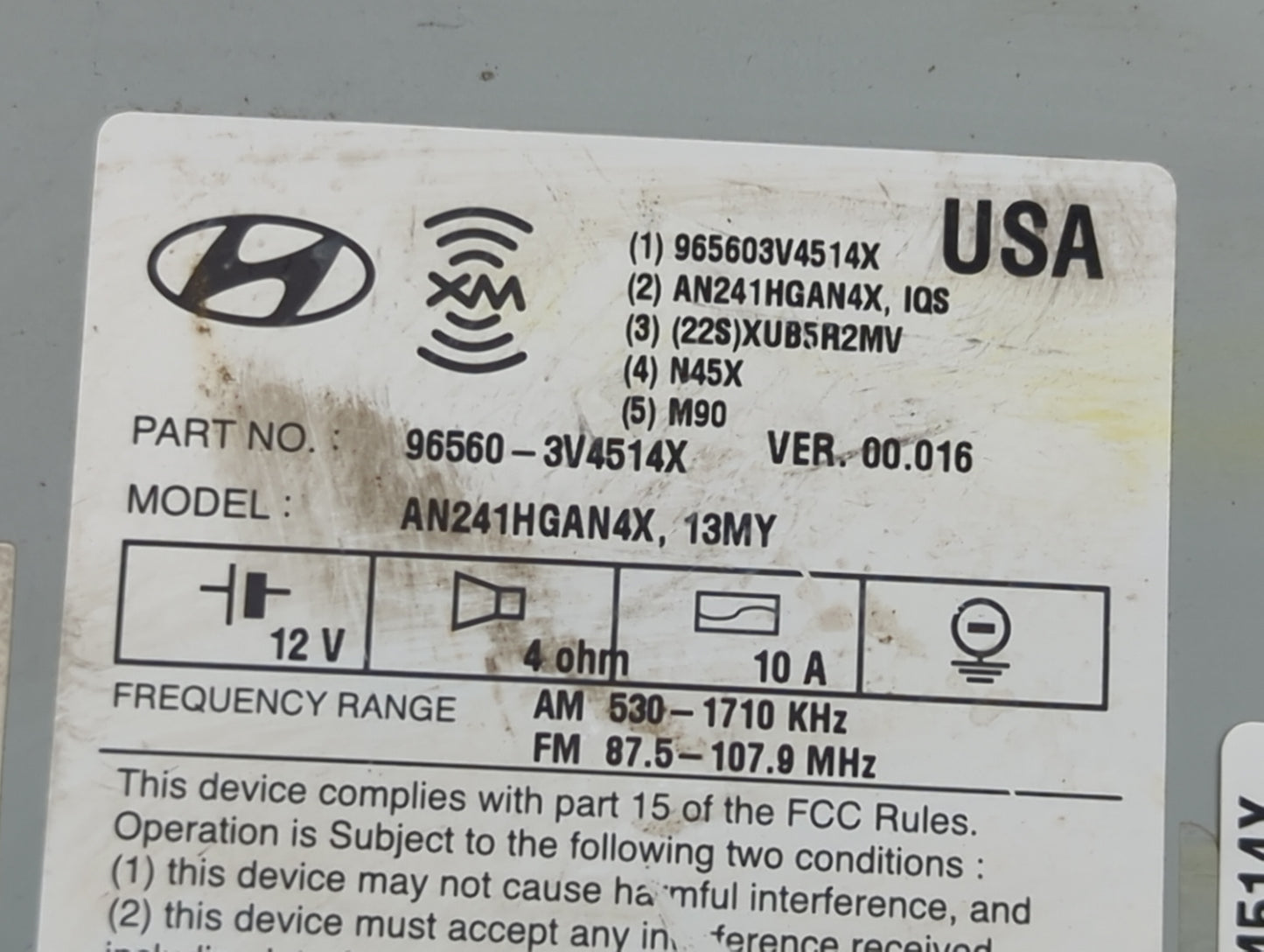 2012-2013 Hyundai Azera Radio AM FM Cd Player Receiver Replacement P/N:965603V4514X AN241HGAN4X Fits Fits 2012 2013 OEM Used