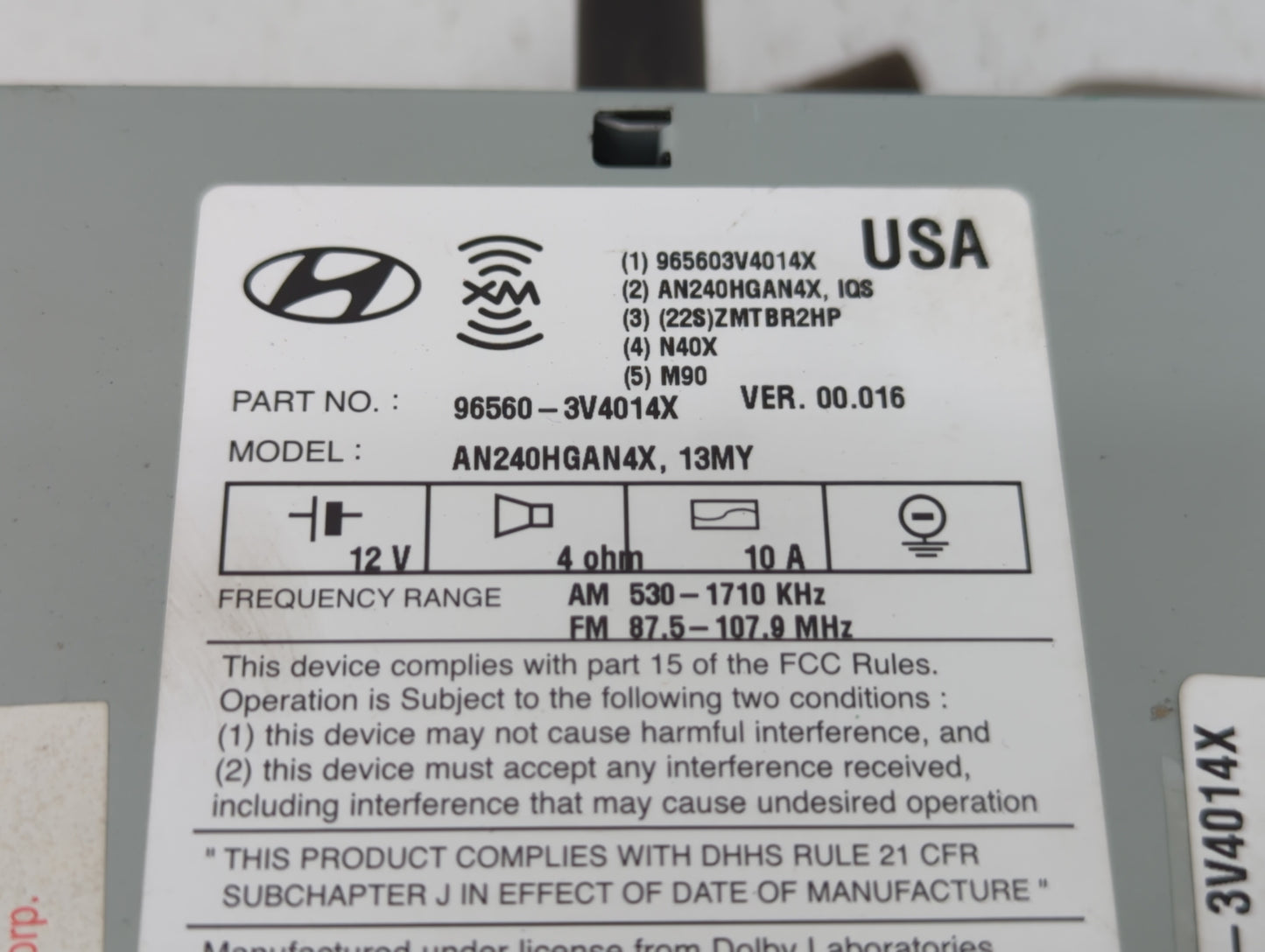 2012-2013 Hyundai Azera Radio AM FM Cd Player Receiver Replacement P/N:96560-3V4014X Fits Fits 2012 2013 OEM Used Auto Parts