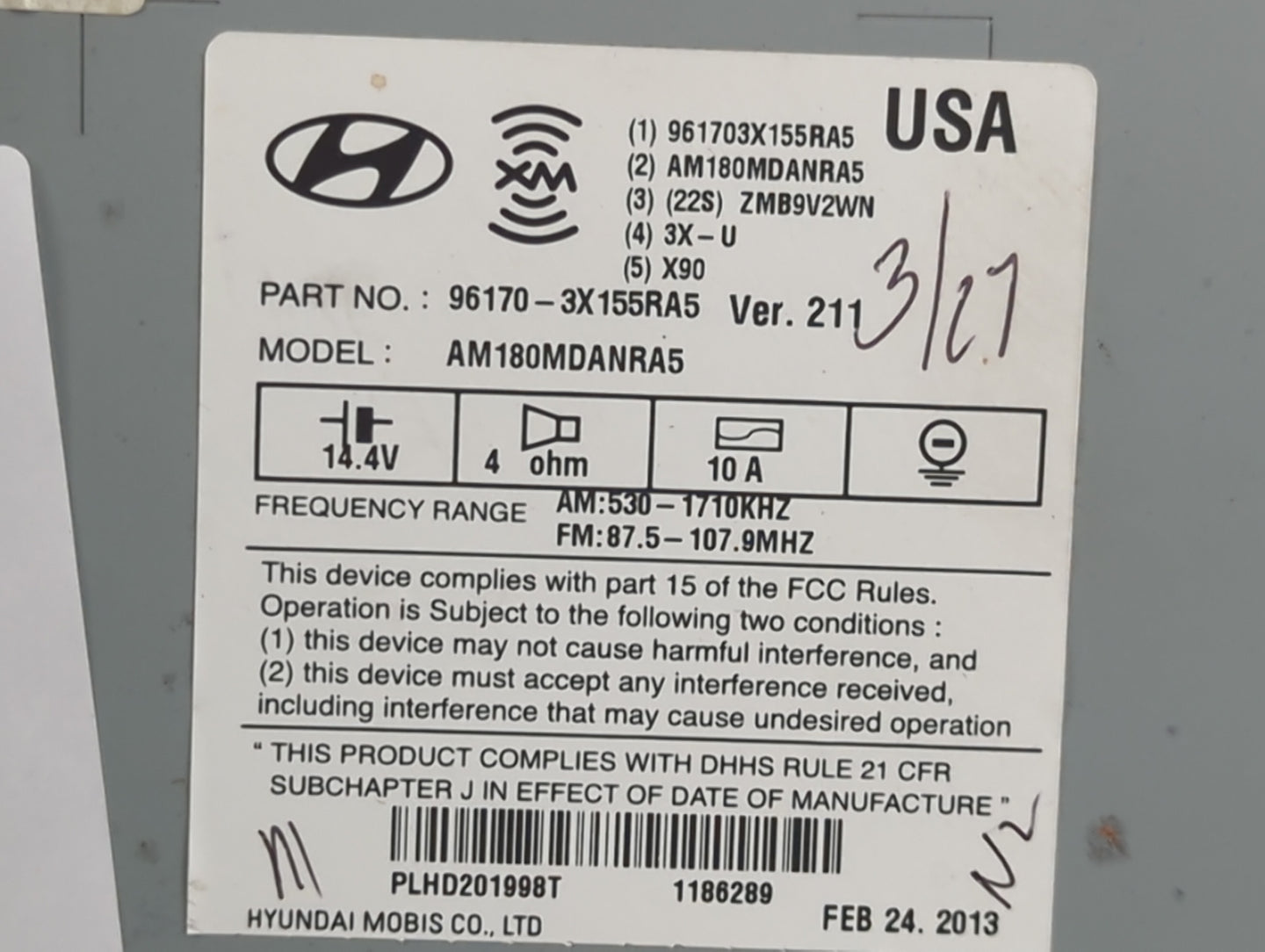 2013 Hyundai Elantra Radio AM FM Cd Player Receiver Replacement P/N:96170-3X155RA5 Fits OEM Used Auto Parts - Oemusedautopar