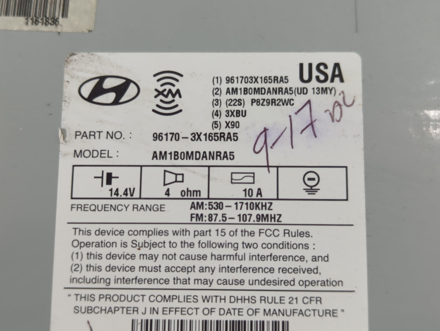 2011-2013 Hyundai Elantra Radio AM FM Cd Player Receiver Replacement P/N:96170-3X165RA5 Fits Fits 2011 2012 2013 OEM Used Au