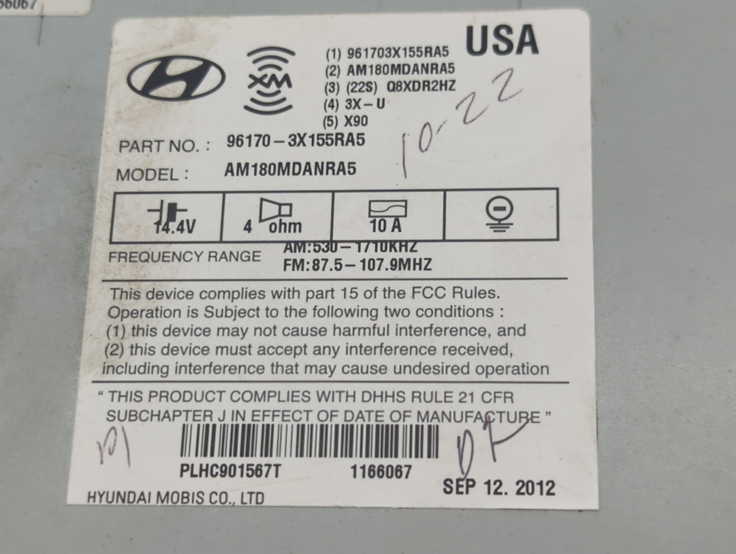 2013 Hyundai Elantra Radio AM FM Cd Player Receiver Replacement P/N:96170-3X155RA5 Fits OEM Used Auto Parts - Oemusedautopar