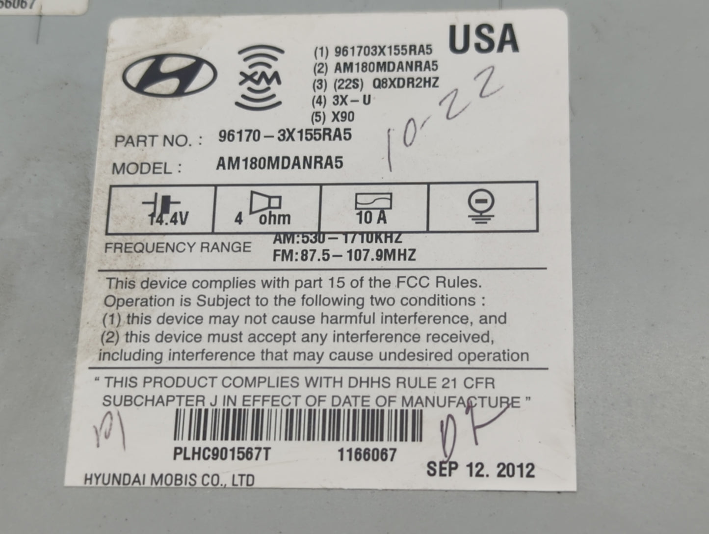 2013 Hyundai Elantra Radio AM FM Cd Player Receiver Replacement P/N:96170-3X155RA5 Fits OEM Used Auto Parts - Oemusedautopar