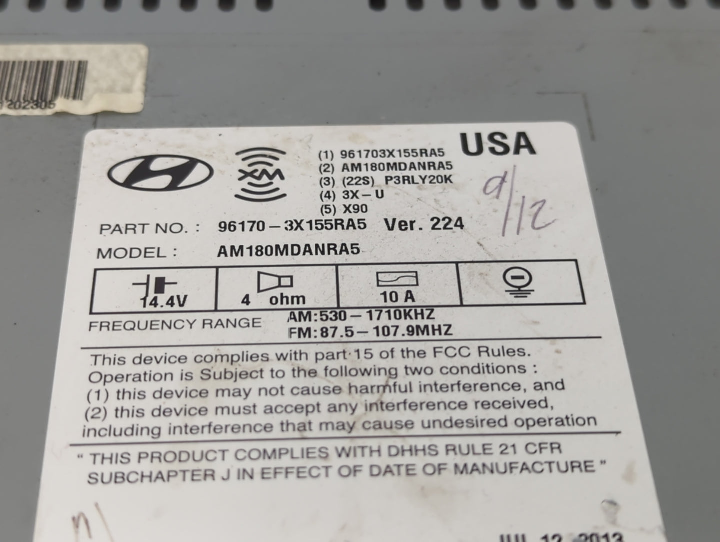 2013 Hyundai Elantra Radio AM FM Cd Player Receiver Replacement P/N:961703X155RA5 AM180MDANRA5 Fits OEM Used Auto Parts - Oe