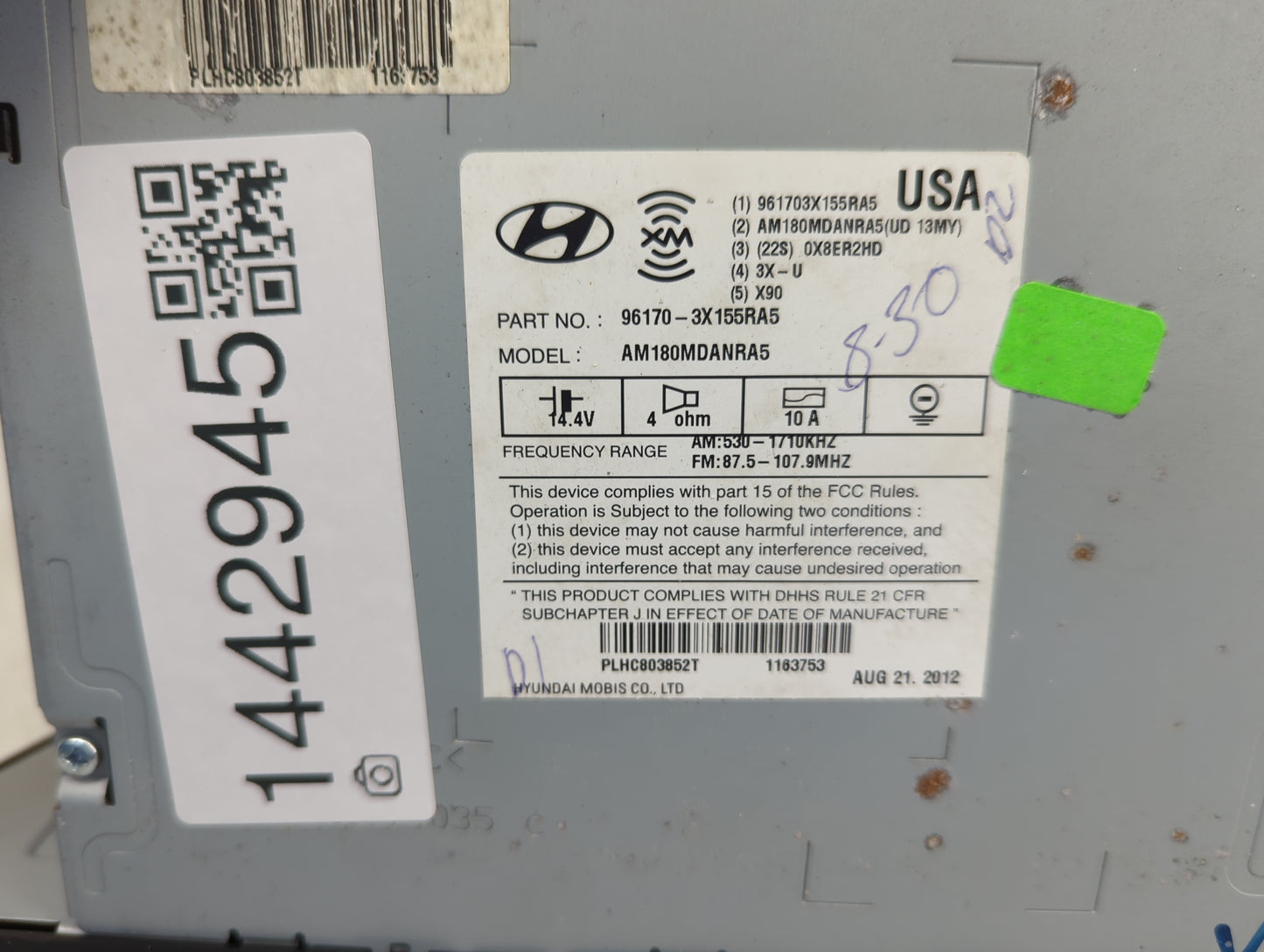 2013 Hyundai Elantra Radio AM FM Cd Player Receiver Replacement P/N:96170-3X155RA5 AM180MDANRA5 Fits OEM Used Auto Parts - O