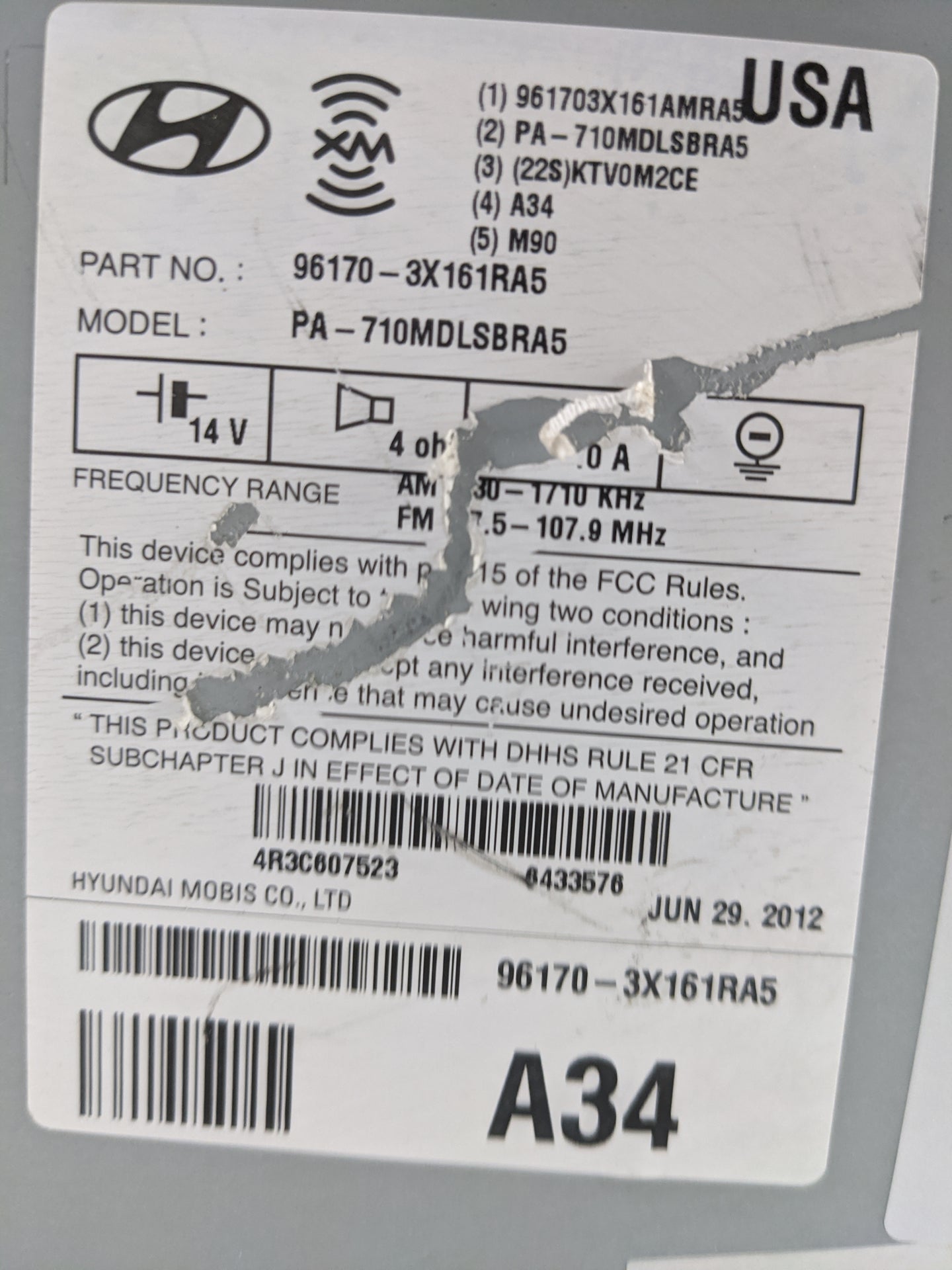2011-2013 Hyundai Elantra Radio AM FM Cd Player Receiver Replacement P/N:96170-3X161RA5 PA-710MDLSBRA5 Fits Fits 2011 2012 2
