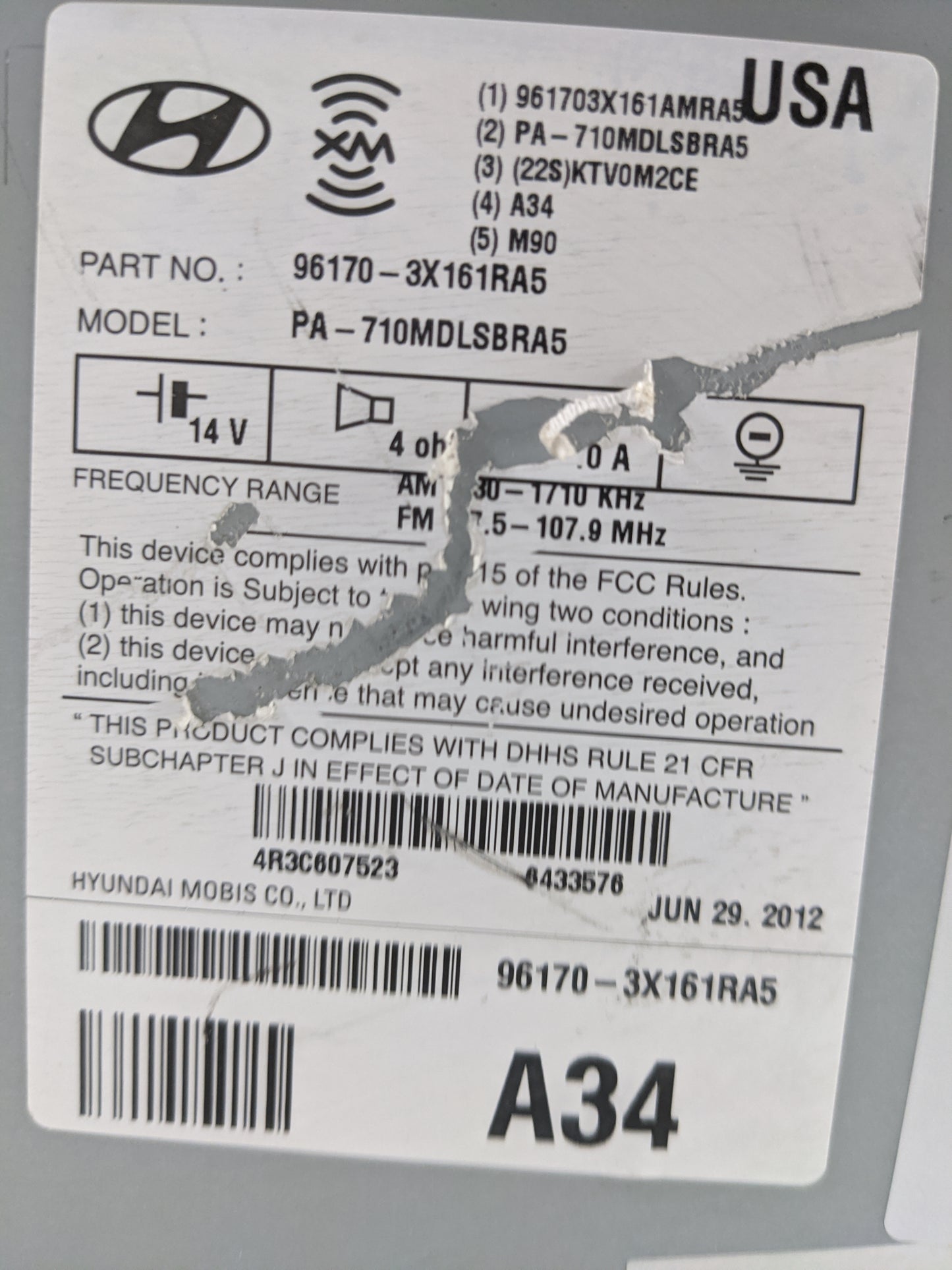2011-2013 Hyundai Elantra Radio AM FM Cd Player Receiver Replacement P/N:96170-3X161RA5 PA-710MDLSBRA5 Fits Fits 2011 2012 2