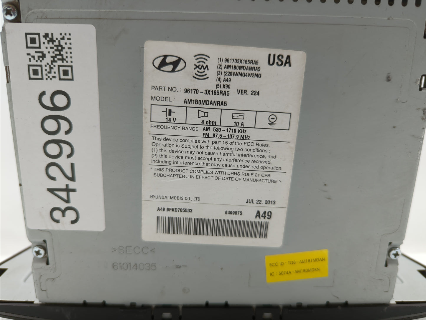 2013 Hyundai Elantra Radio AM FM Cd Player Receiver Replacement P/N:96170-3X165RA5 Fits OEM Used Auto Parts - Oemusedautopar