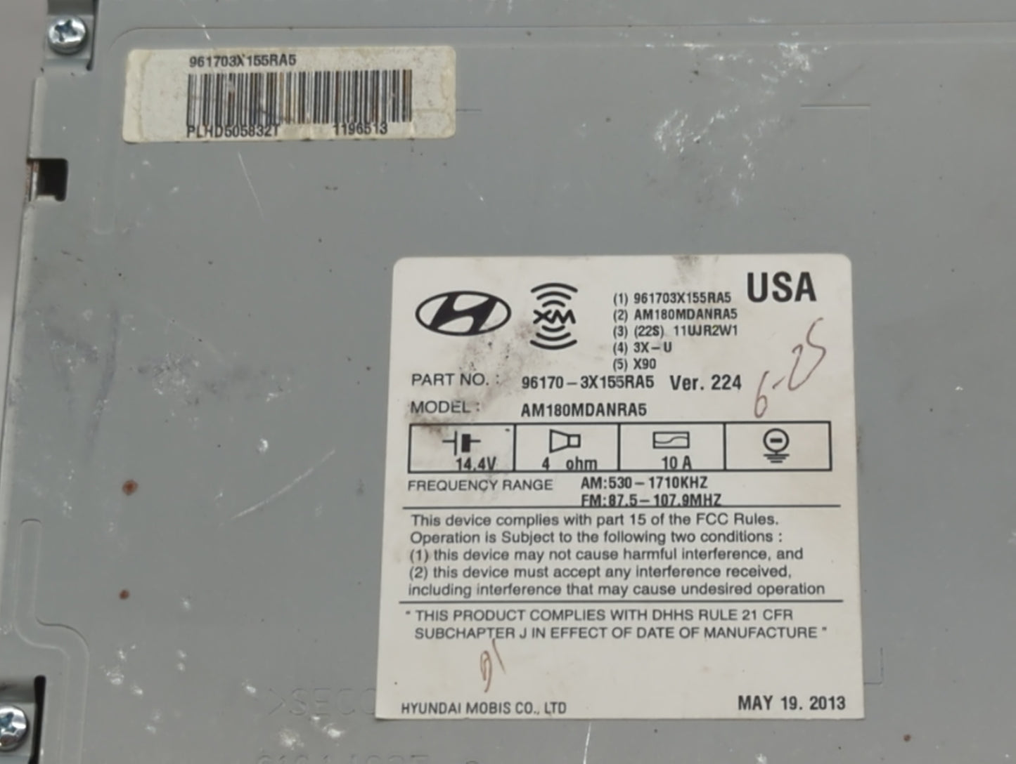 2013 Hyundai Elantra Radio AM FM Cd Player Receiver Replacement P/N:96170-3X155RA5 961703X155, 961703X161BLH, 961703X165RA5 