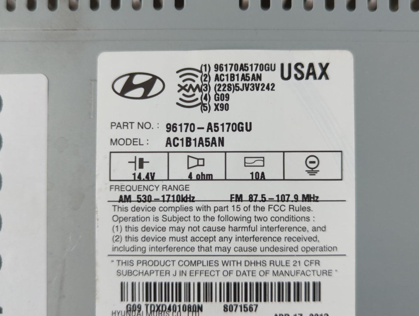 2013-2015 Hyundai Elantra Radio AM FM Cd Player Receiver Replacement P/N:96170-A5170GU Fits Fits 2013 2014 2015 OEM Used Aut