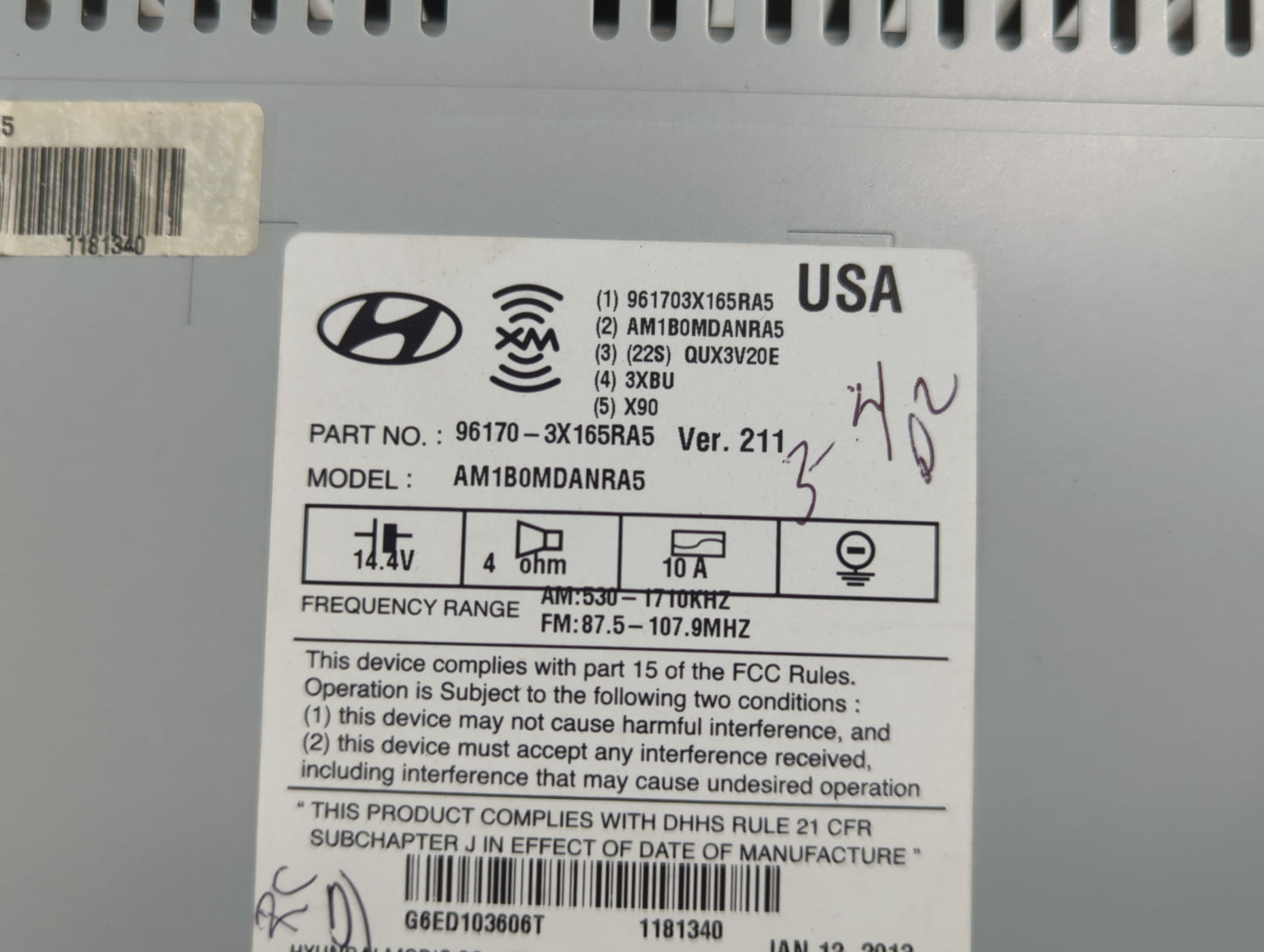 2013 Hyundai Elantra Radio AM FM Cd Player Receiver Replacement P/N:96170-3X165RA5 Fits OEM Used Auto Parts - Oemusedautopar
