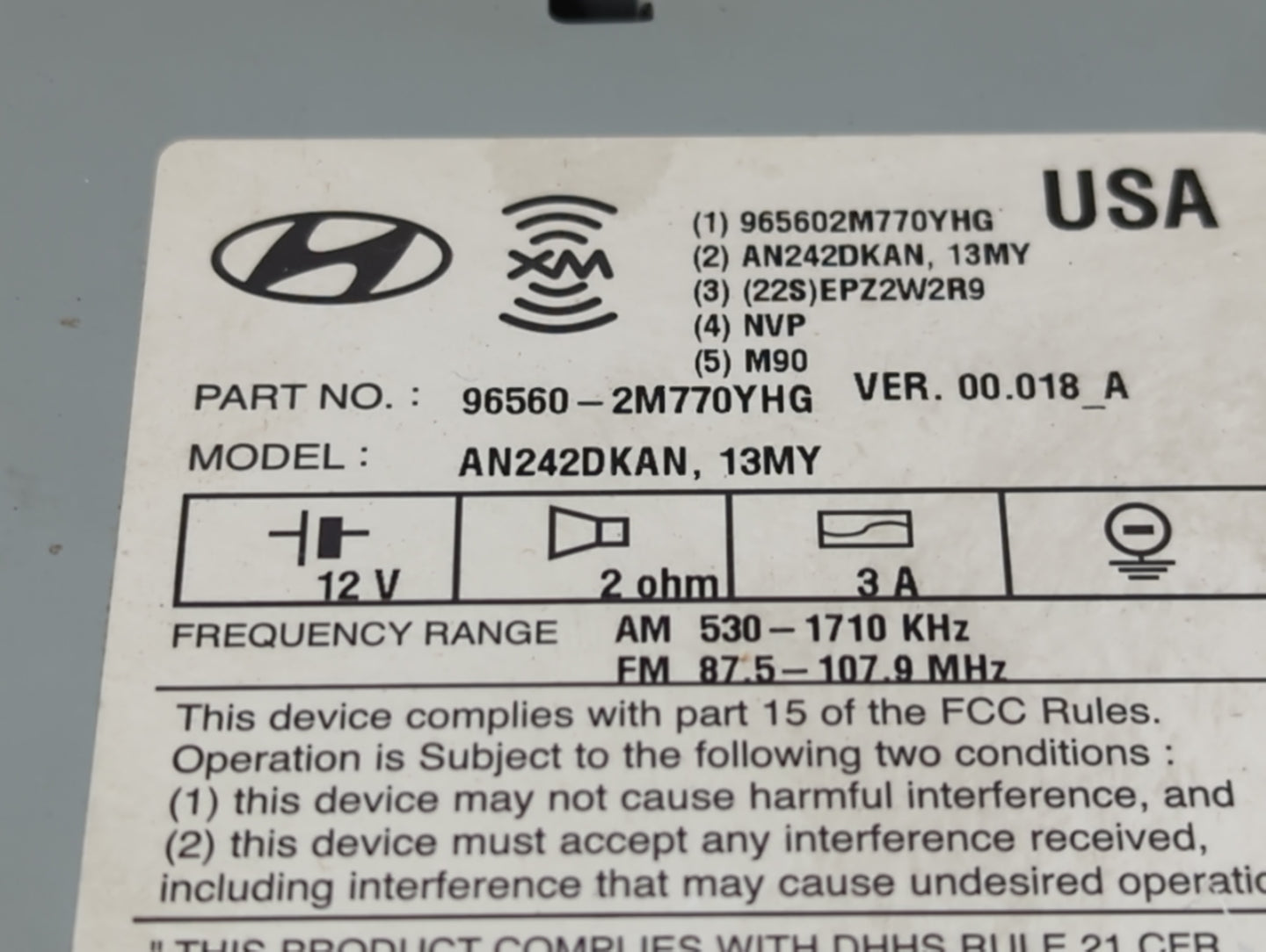 2013 Hyundai Genesis Radio AM FM Cd Player Receiver Replacement P/N:96560-2M770YHG Fits OEM Used Auto Parts - Oemusedautopar