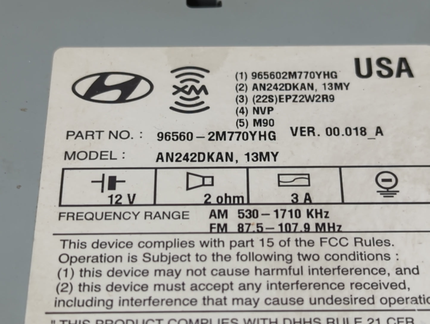 2013 Hyundai Genesis Radio AM FM Cd Player Receiver Replacement P/N:96560-2M770YHG Fits OEM Used Auto Parts - Oemusedautopar