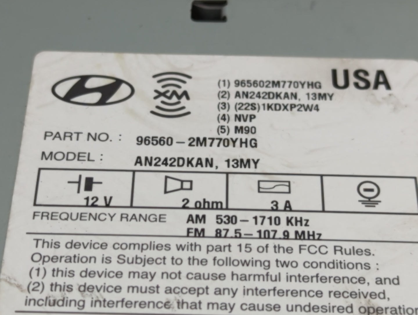 2013 Hyundai Genesis Radio AM FM Cd Player Receiver Replacement P/N:96560-2M770YHG Fits OEM Used Auto Parts - Oemusedautopar