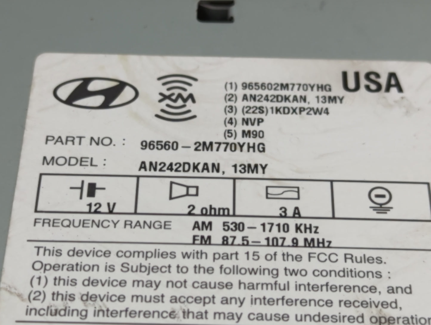 2013 Hyundai Genesis Radio AM FM Cd Player Receiver Replacement P/N:96560-2M770YHG Fits OEM Used Auto Parts - Oemusedautopar
