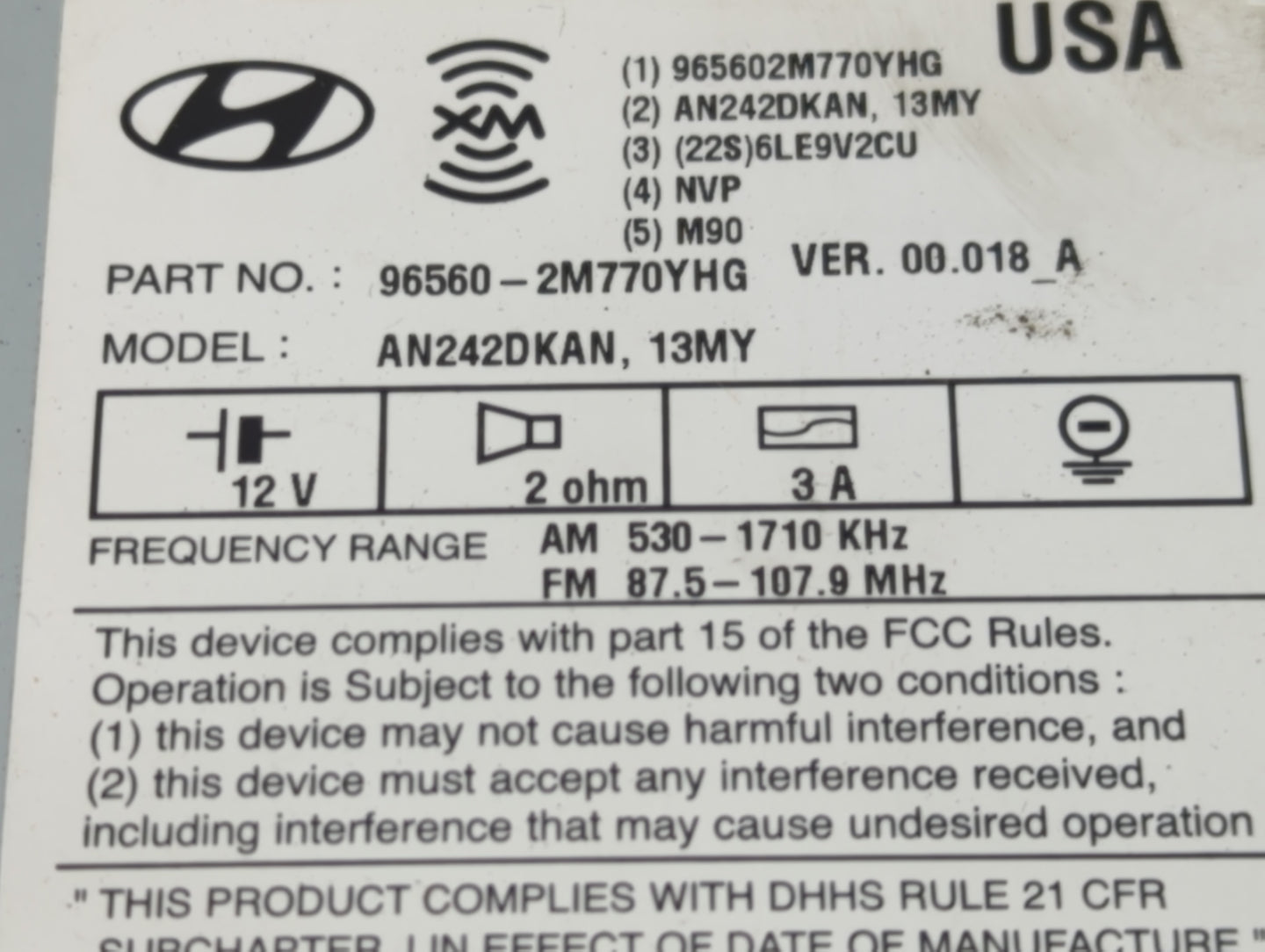 2013-2016 Hyundai Genesis Radio AM FM Cd Player Receiver Replacement P/N:96560-2M770YHG Fits Fits 2013 2014 2015 2016 OEM Us