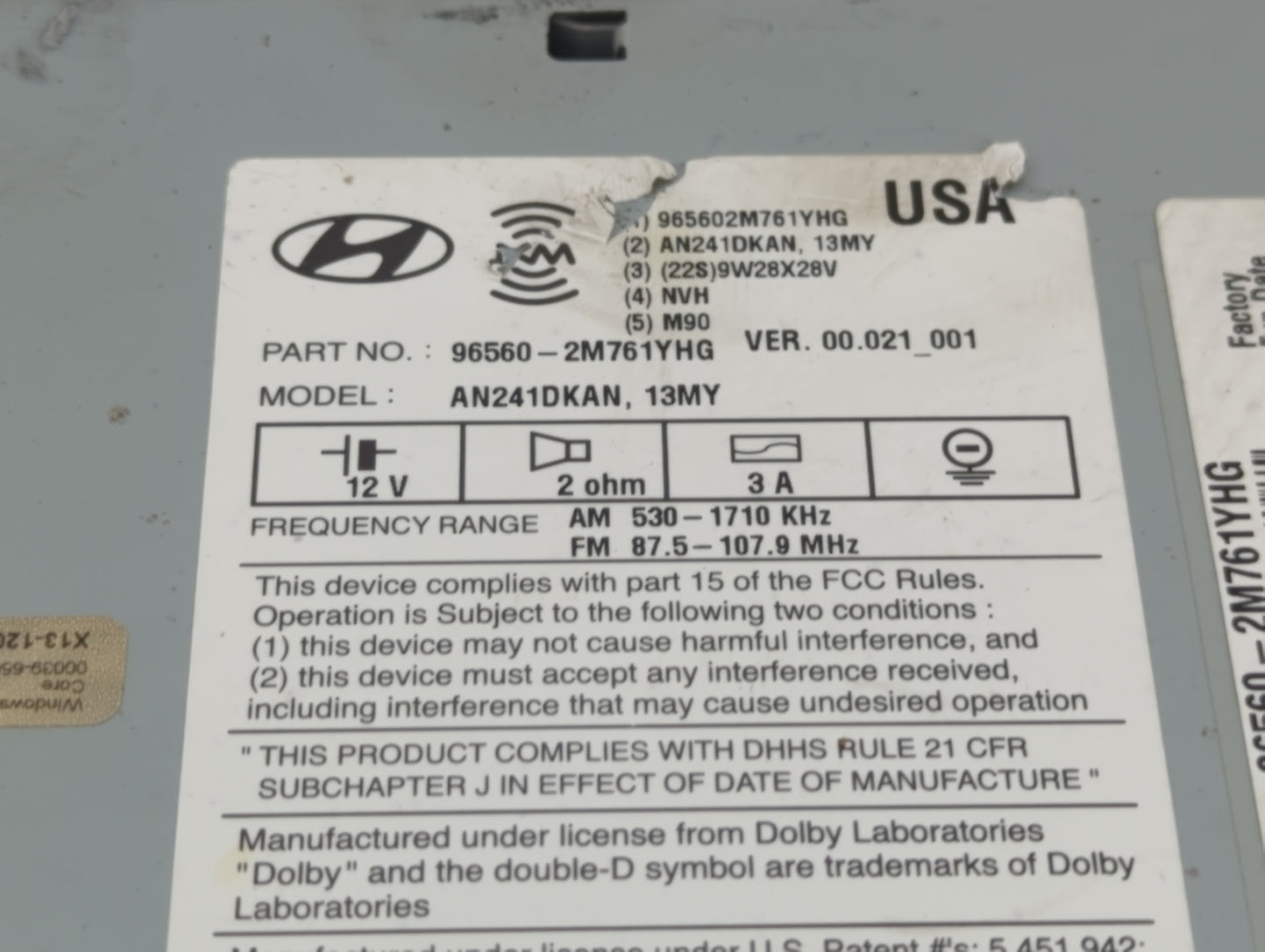 2013-2015 Hyundai Genesis Radio AM FM Cd Player Receiver Replacement P/N:96560-2M761YHG Fits Fits 2013 2014 2015 OEM Used Au