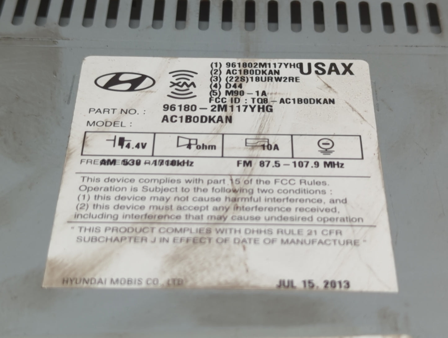 2013 Hyundai Genesis Radio AM FM Cd Player Receiver Replacement P/N:96180-2M117YHG Fits OEM Used Auto Parts - Oemusedautopar